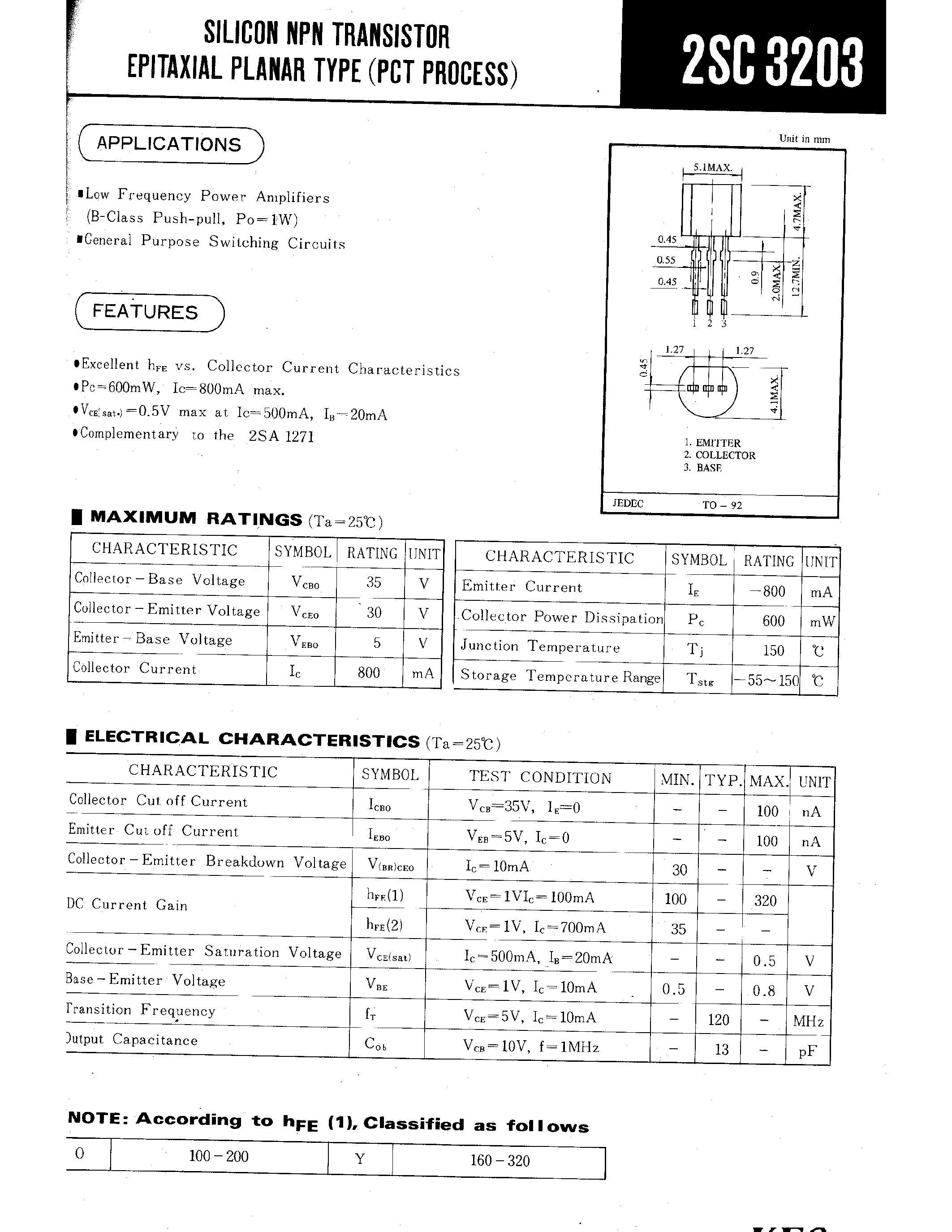 Даташит 2SC3203 - SILICON NPN TRANSISTOR EPITAXIAL PLANAR TYPE(PCT PROCESS) страница 1