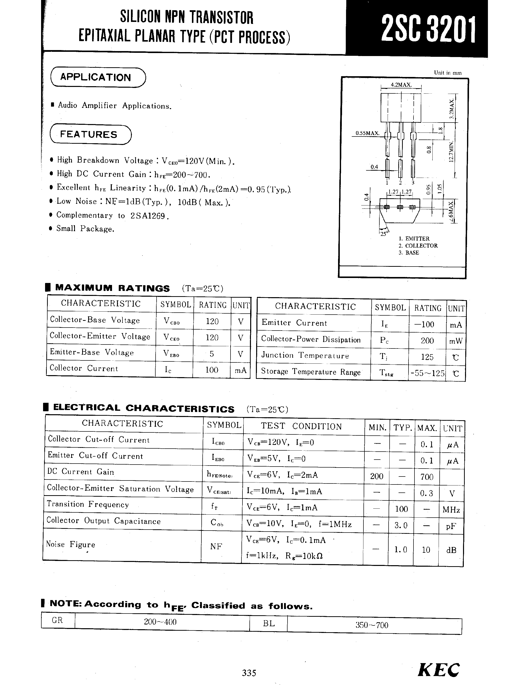 Даташит 2SC3201 - SILICON NPN TRANSISTOR EPITAXIAL PLANAR TYPE(PCT PROCESS) страница 1