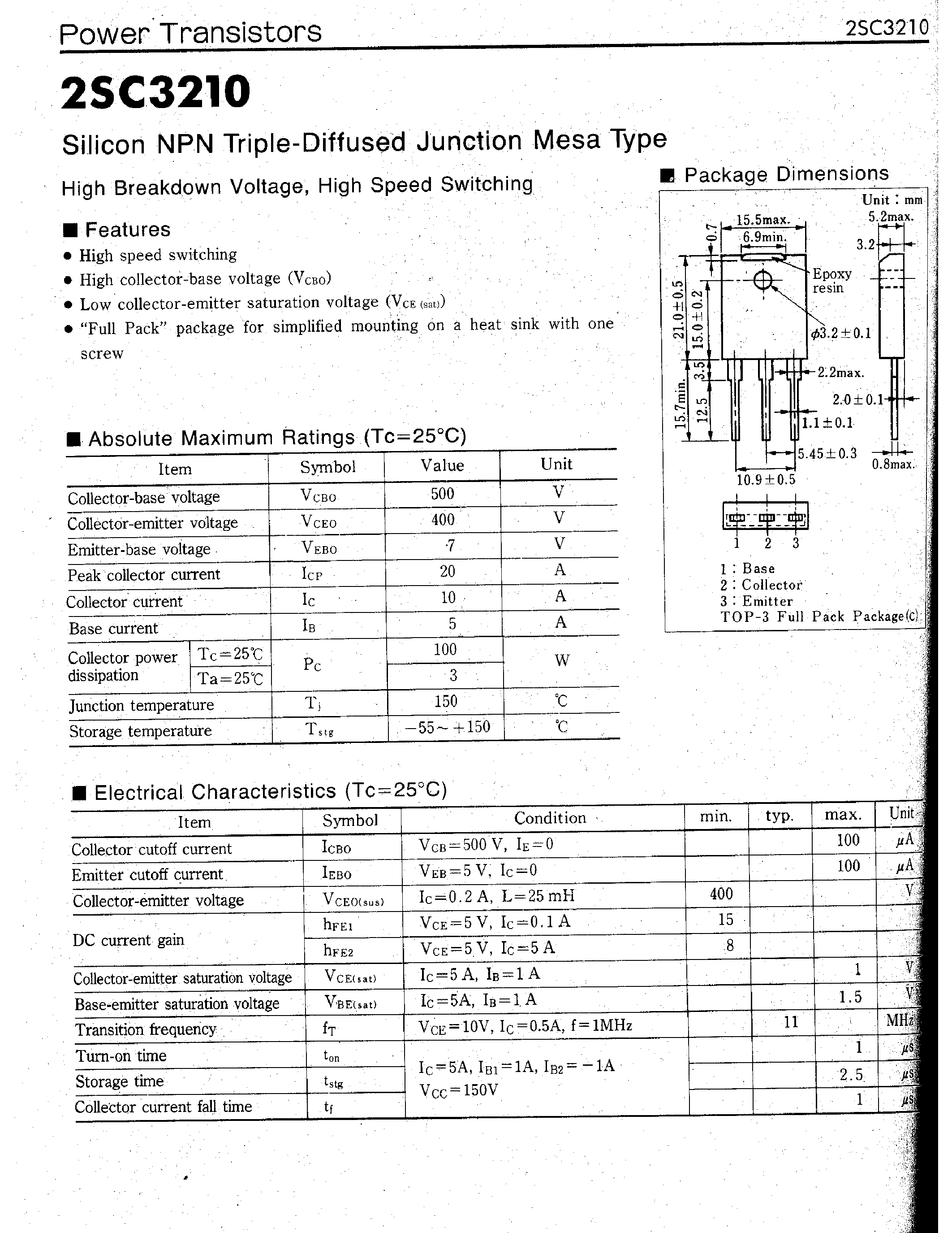 Даташит 2SC3210 - Silicon NPN Triple-Diffused Junction Mesa Type страница 1