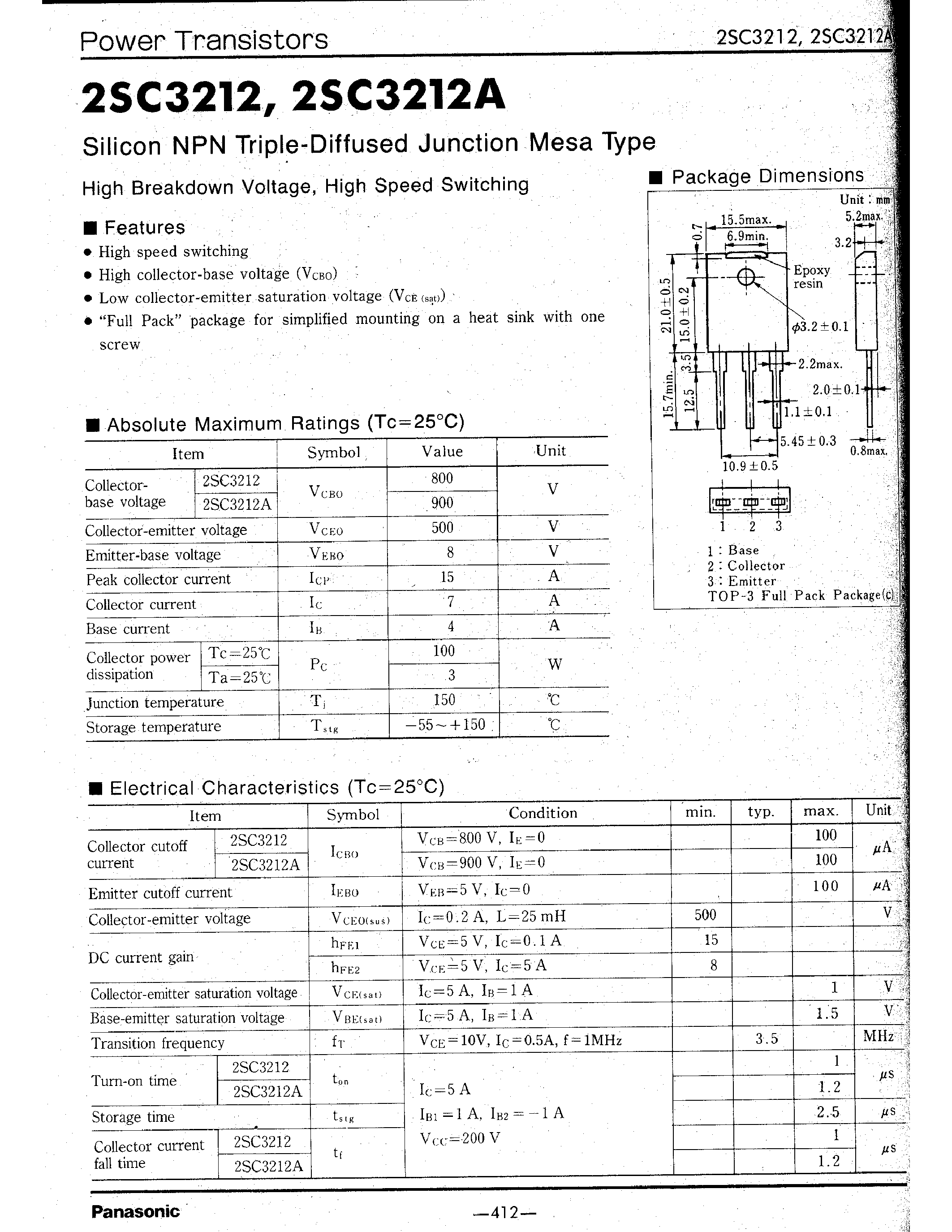 Даташит 2SC3212 - Silicon NPN Triple-Diffused Junction Mesa Type страница 1