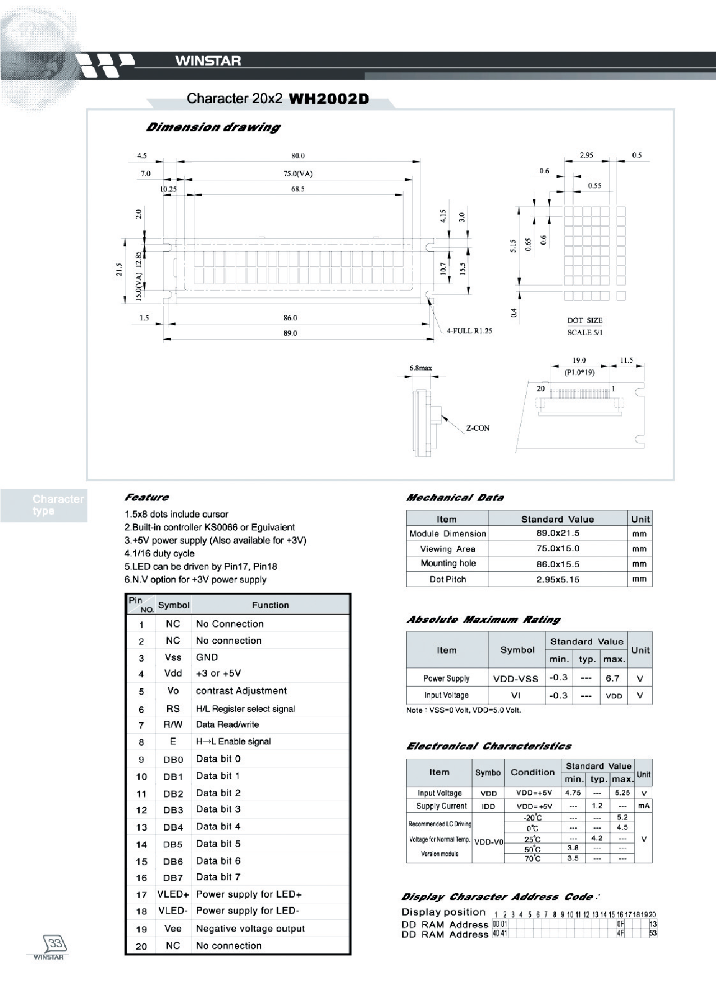 Datasheet WH2002D - CHARACTER 20 X 2 page 1