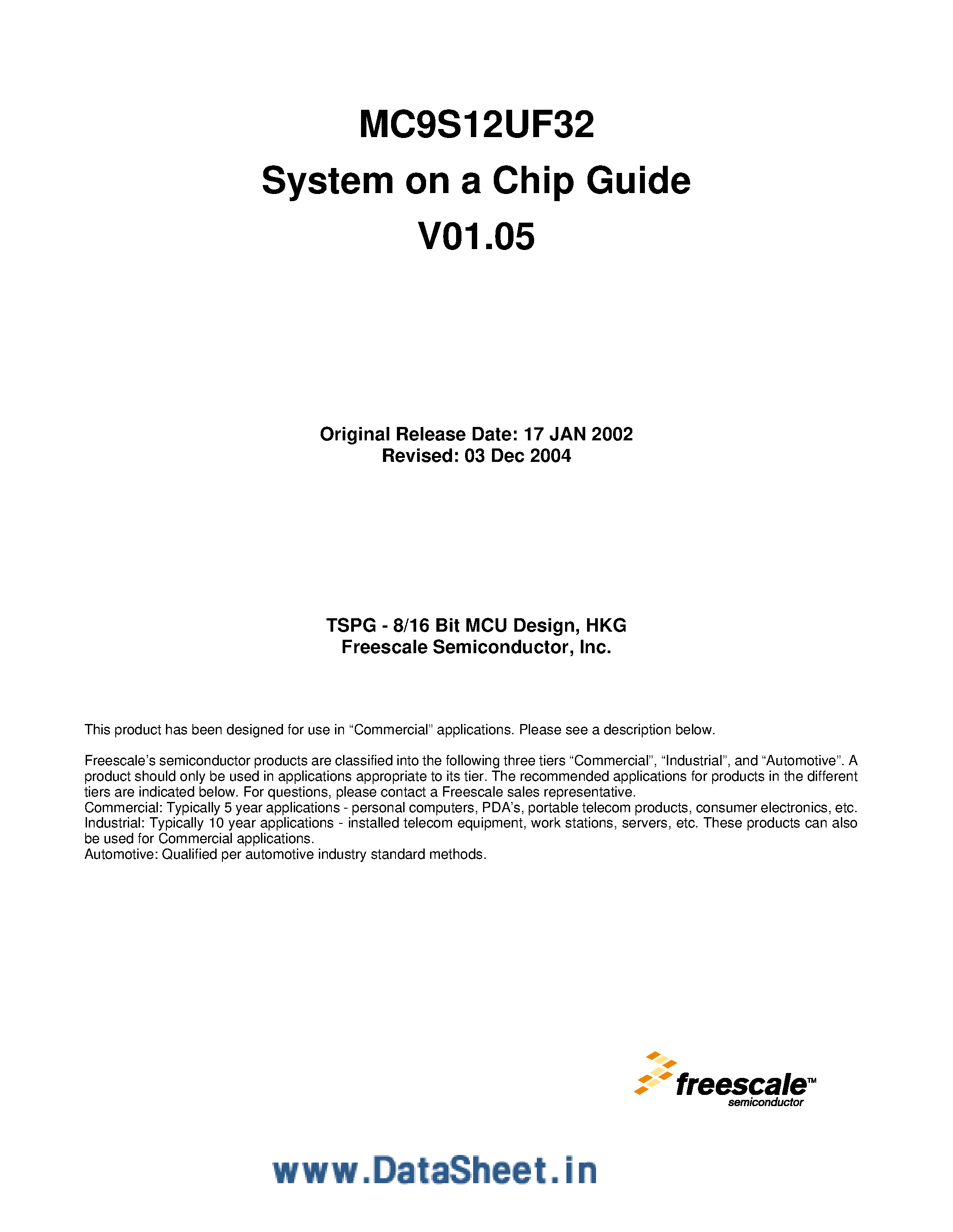 Datasheet MC9S12UF32 - System on a Chip Guide page 1