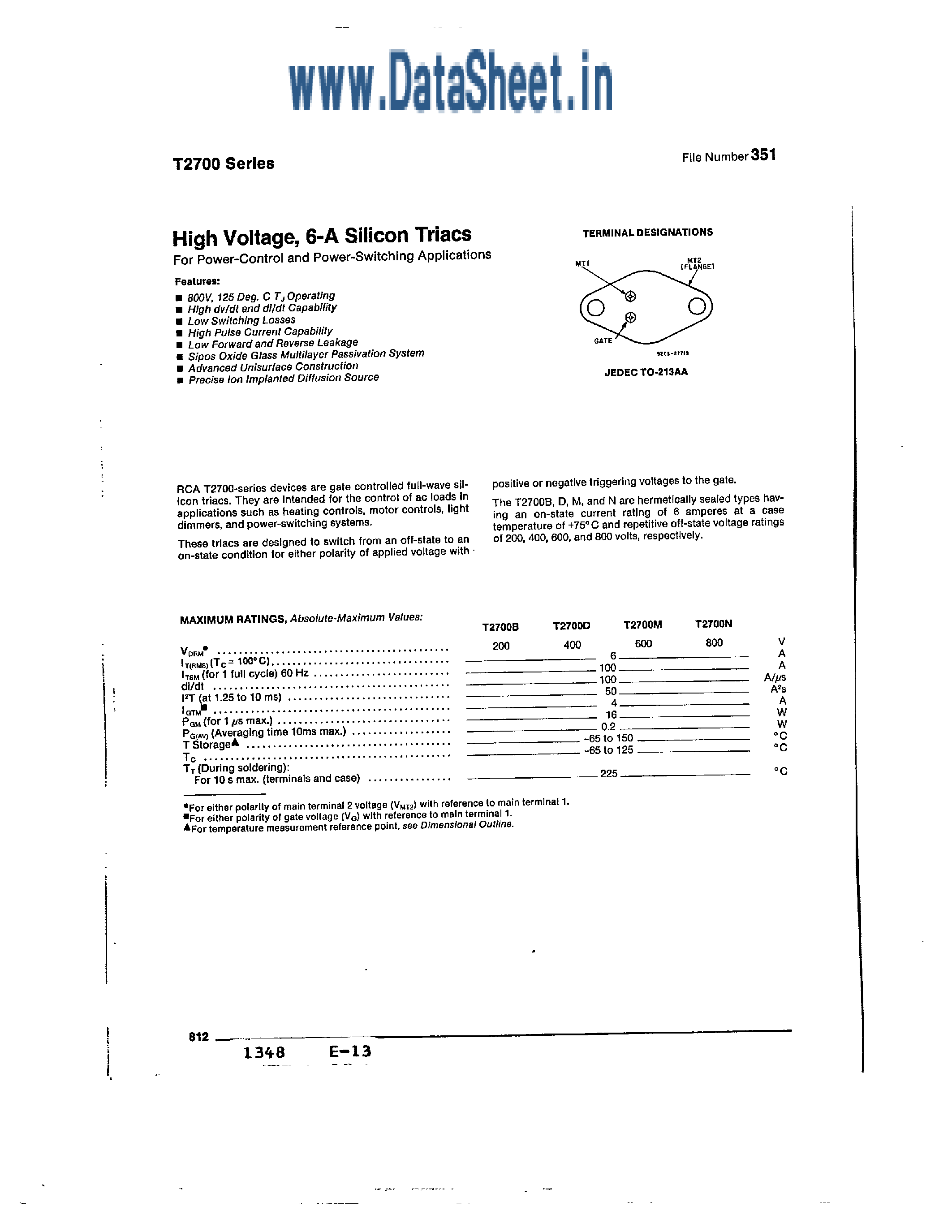 Даташит T2700 - (T2700 Series) HIGH VOLTAGE 6-A SILICON TRIACS страница 1