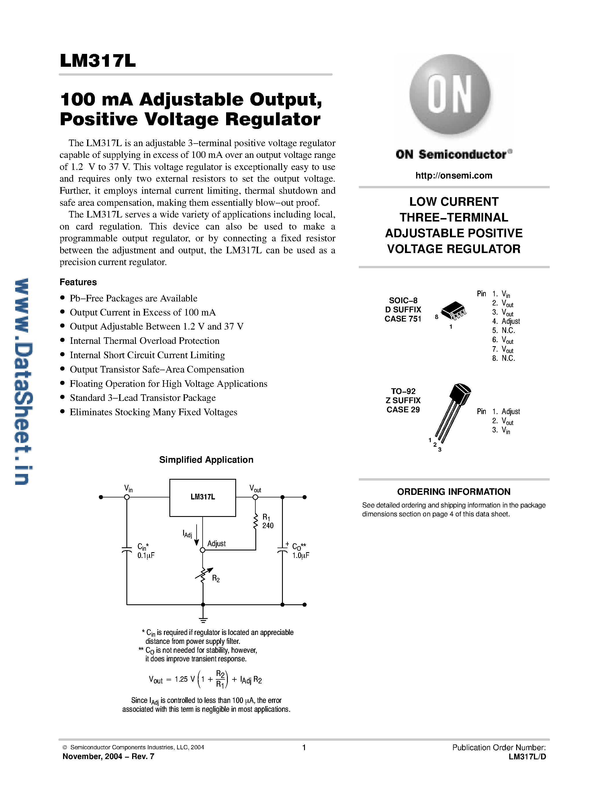 Datasheet LM317L - 3-Terminal Adjustable Regulator page 1