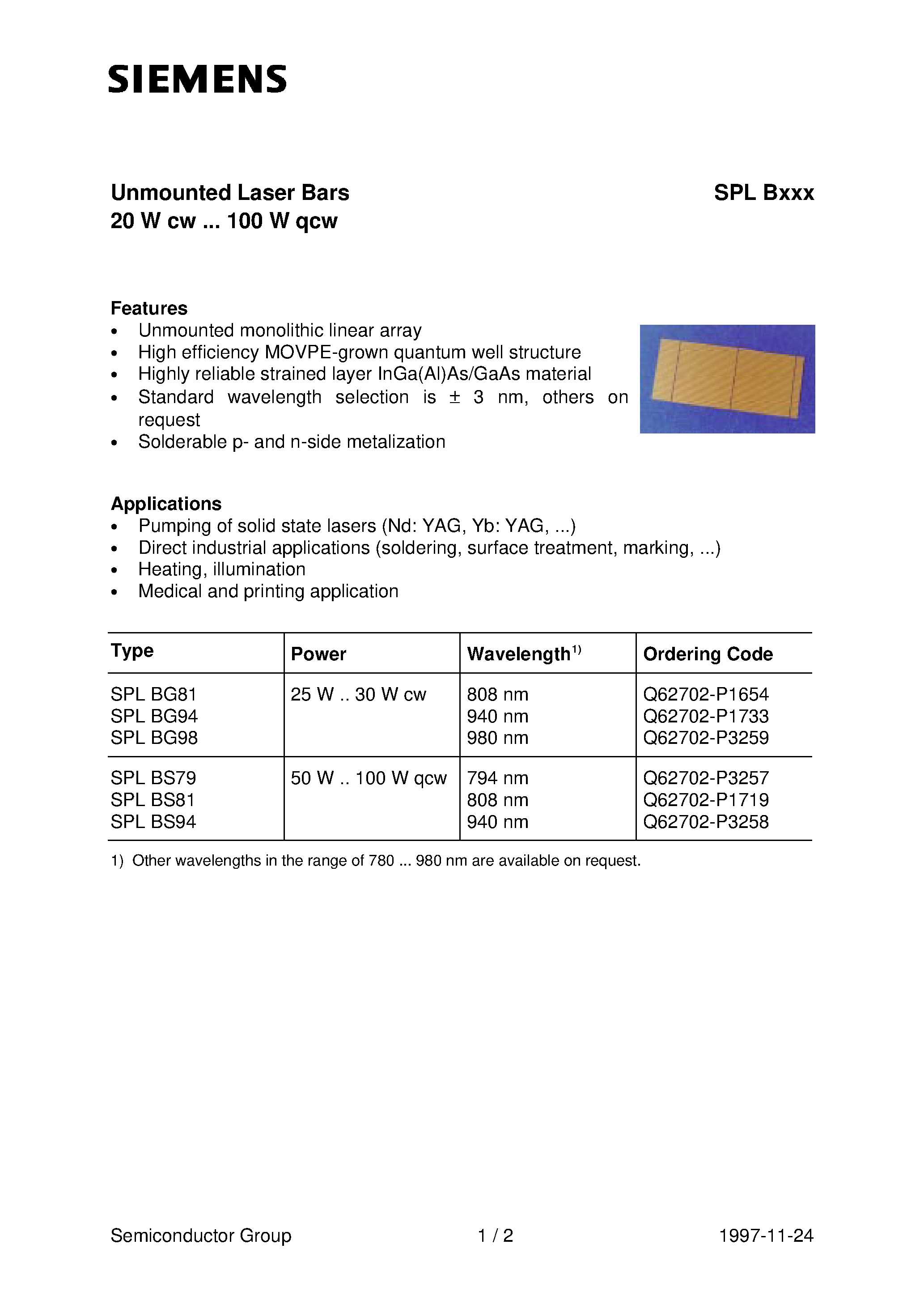 Даташит SPLBxxx - Unmounted Laser Bars 20 W cw ... 100 W qcw страница 1