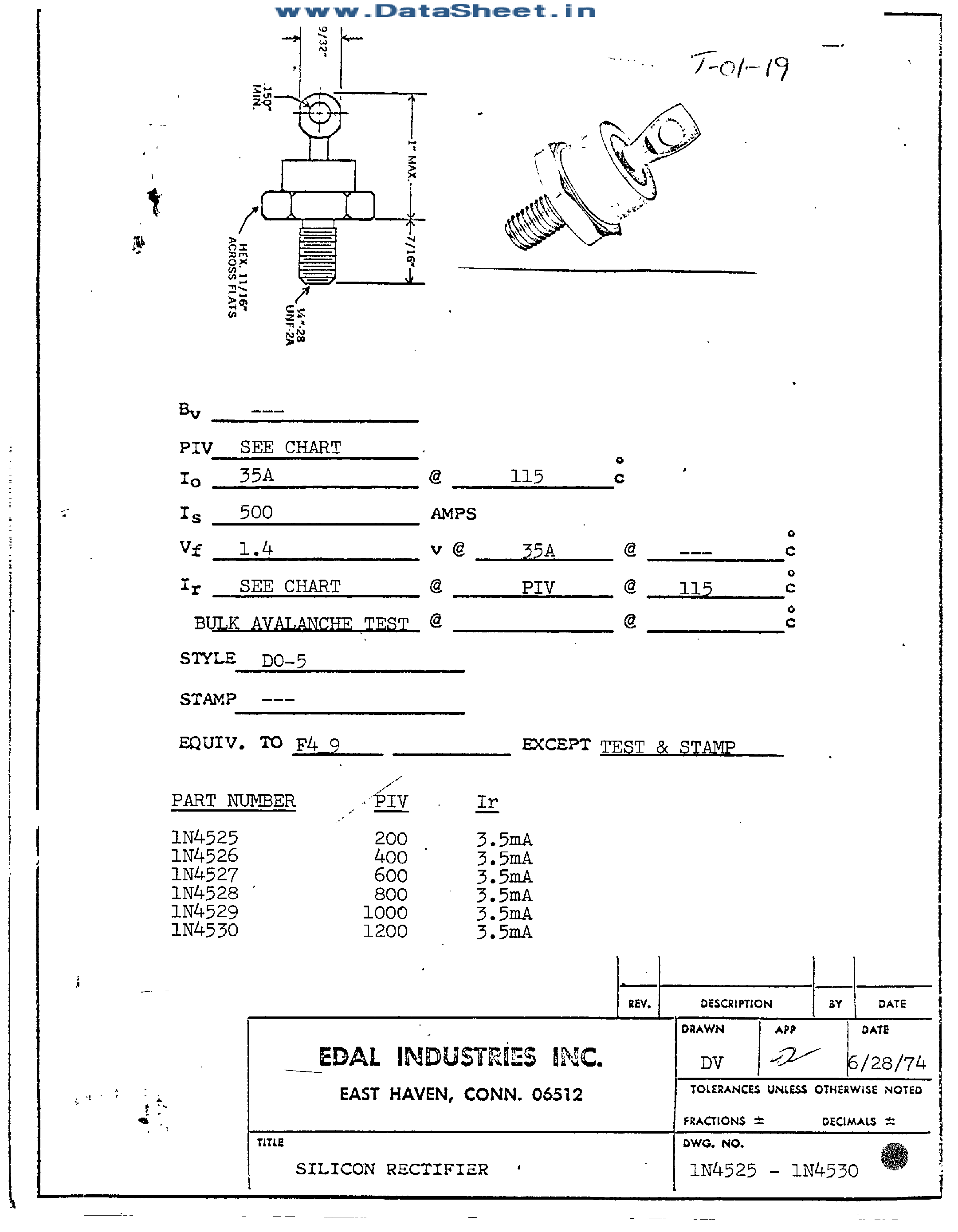 Даташит 1N4525 - (1N4525 - 1N4530) RECTIFIER DIODE страница 1