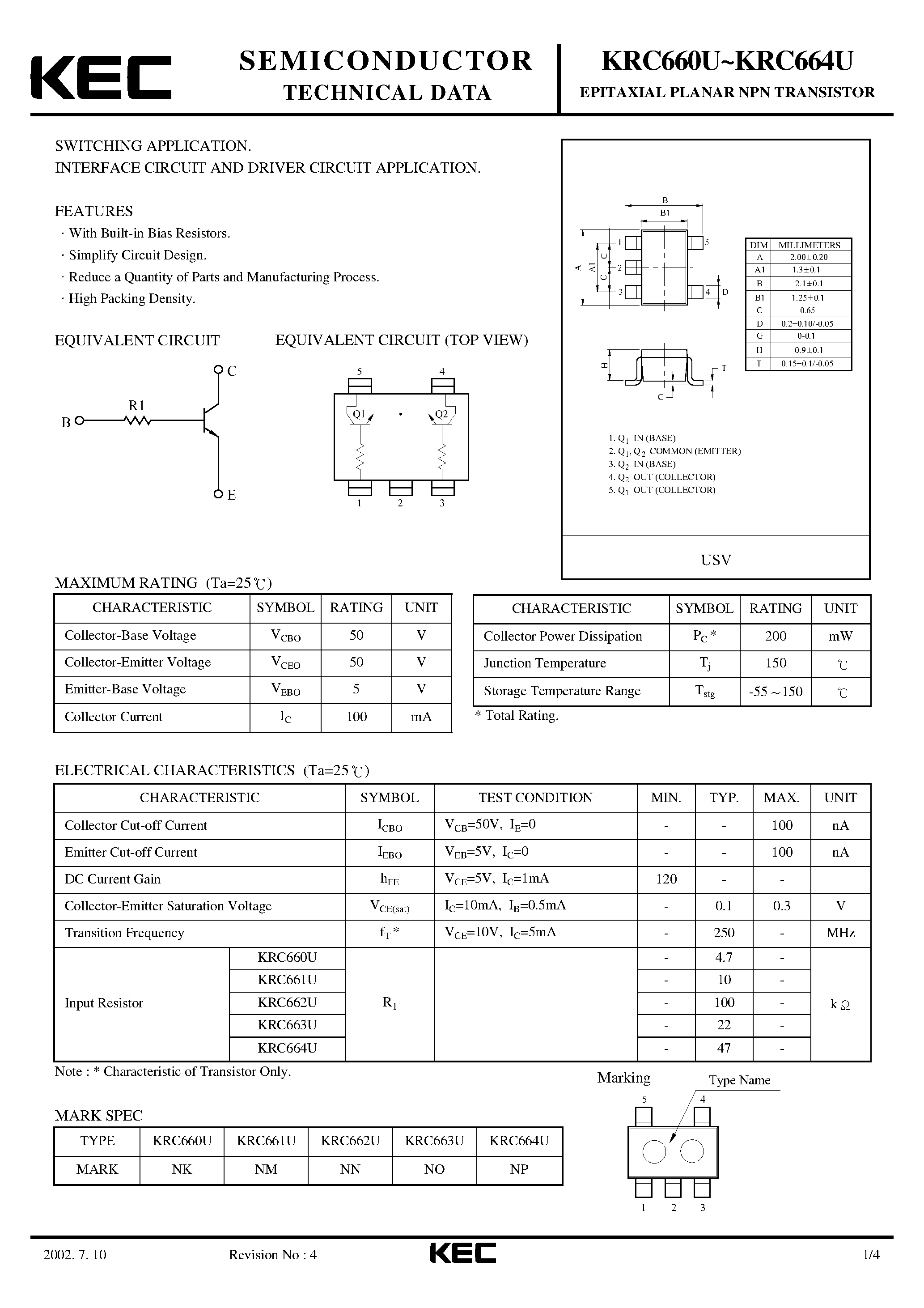 Datasheet KRC660U - (KRC660U - KRC664U) EPITAXIAL PLANAR NPN TRANSISTOR page 1