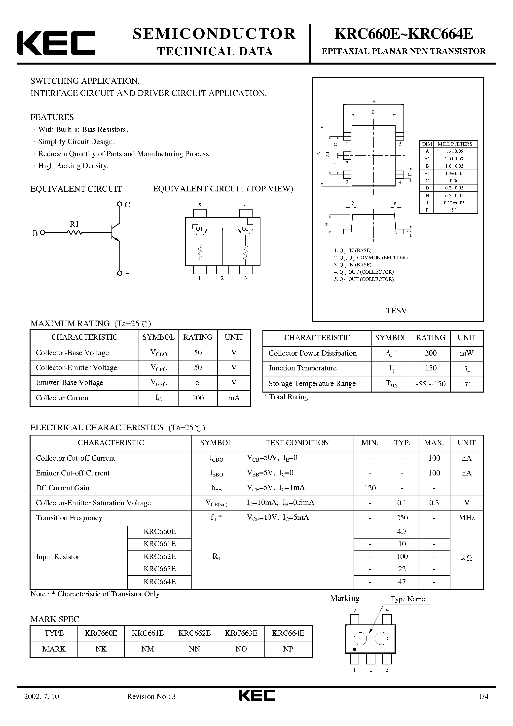 Datasheet KRC660E - (KRC660E - KRC664E) EPITAXIAL PLANAR NPN TRANSISTOR page 1