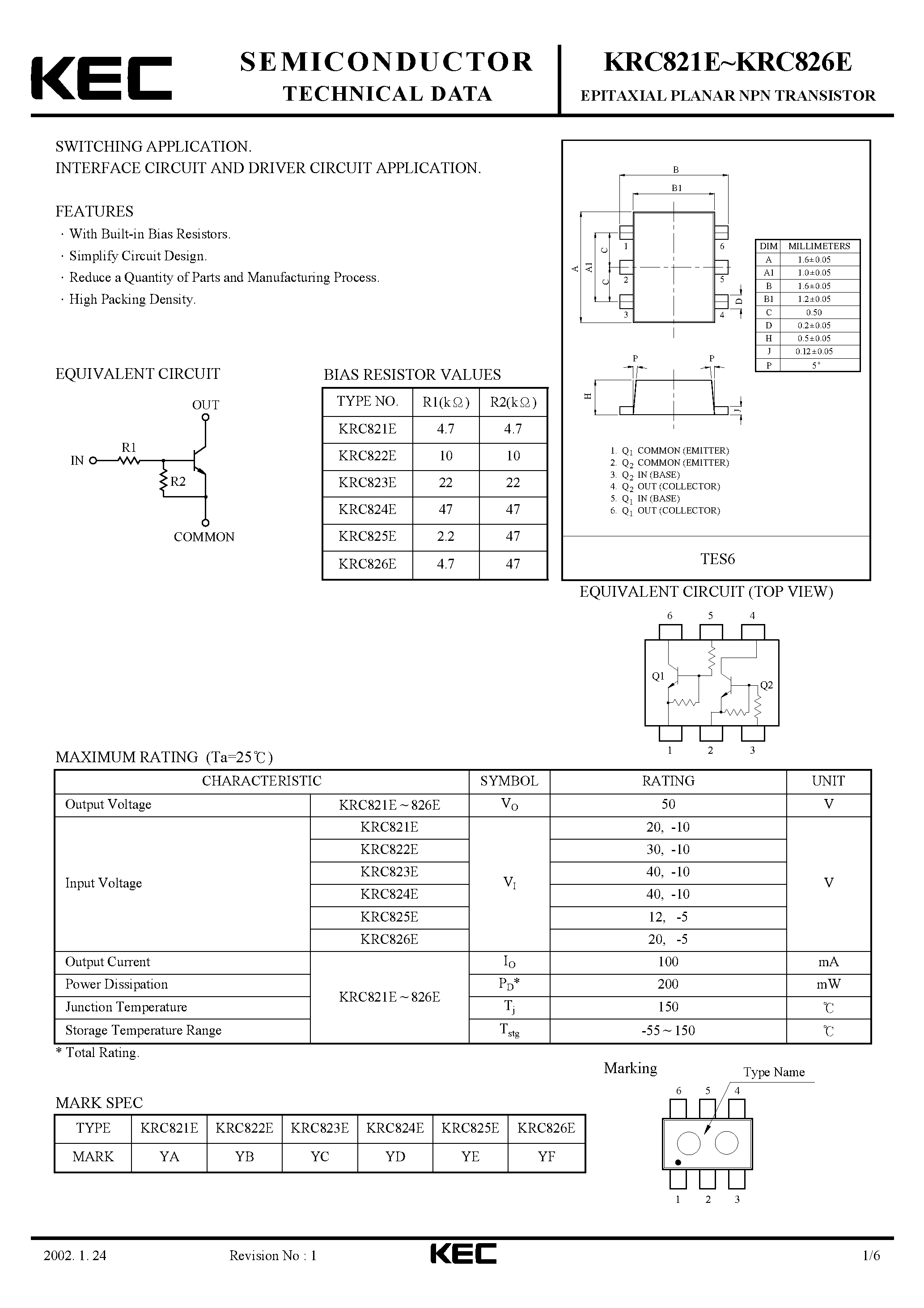 Datasheet KRC821E - (KRC821E - KRC826E) EPITAXIAL PLANAR NPN TRANSISTOR page 1