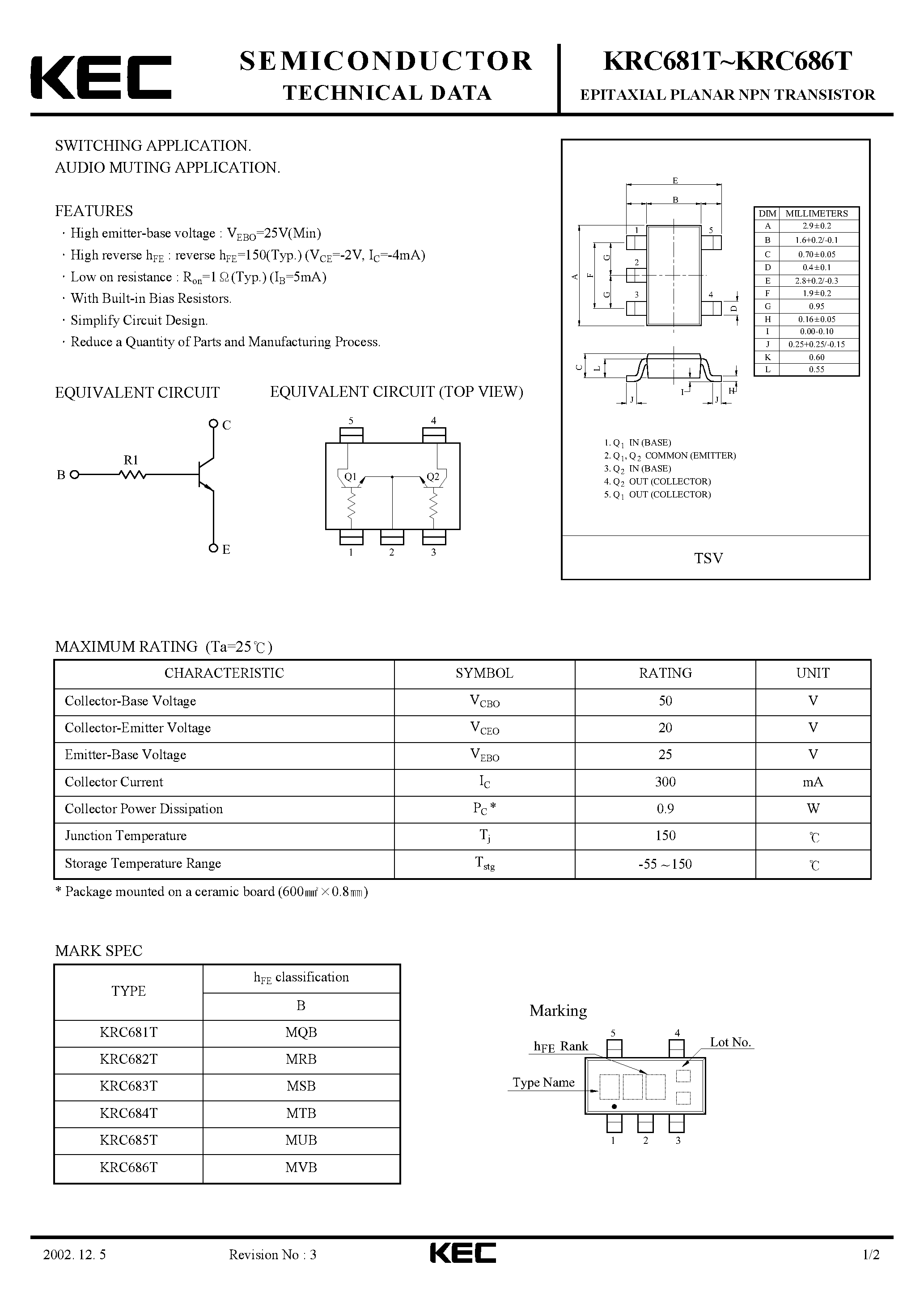 Datasheet KRC682T - (KRC681T - KRC686T) EPITAXIAL PLANAR NPN TRANSISTOR page 1