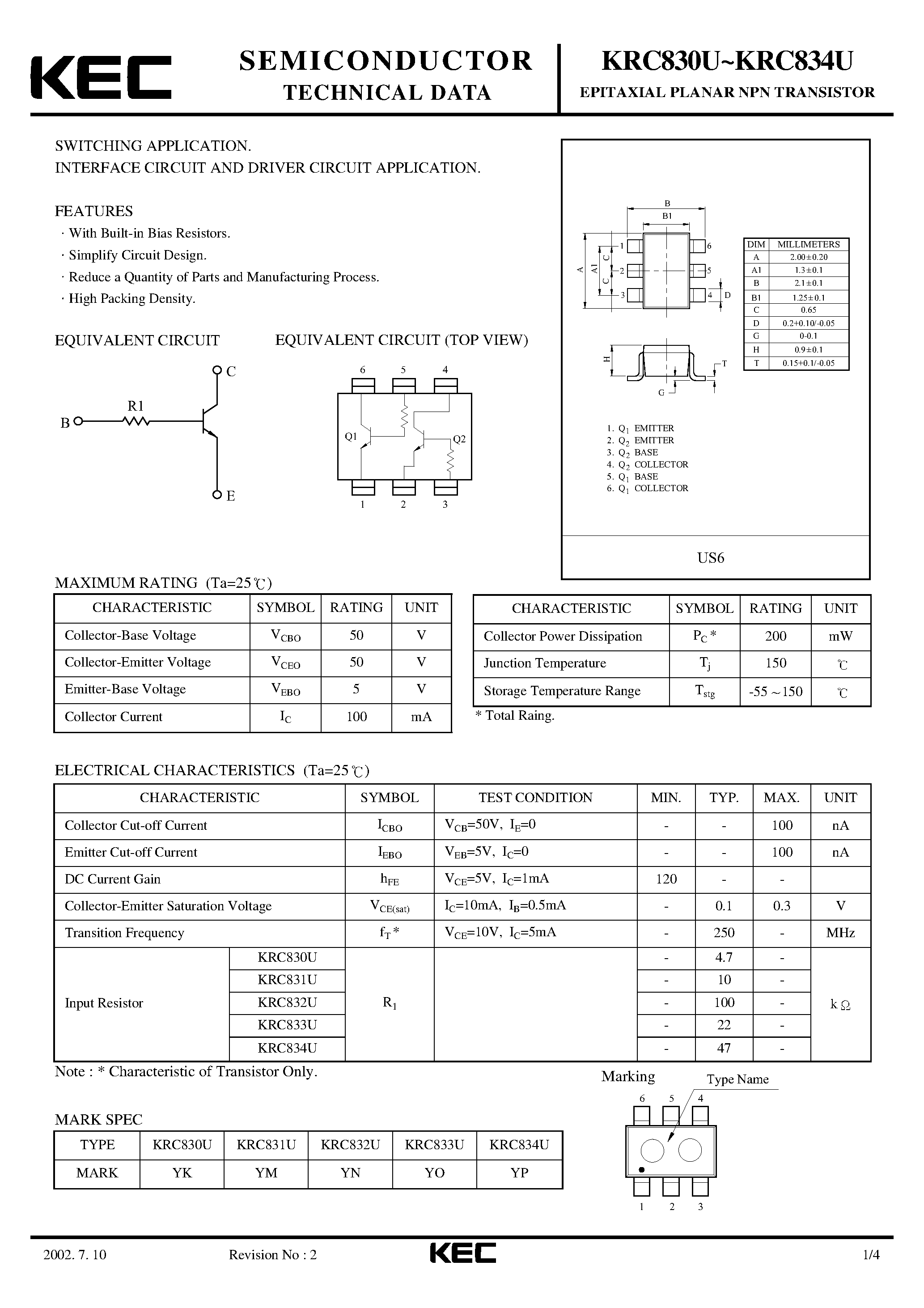 Datasheet KRC830U - (KRC830U - KRC834U) EPITAXIAL PLANAR NPN TRANSISTOR page 1