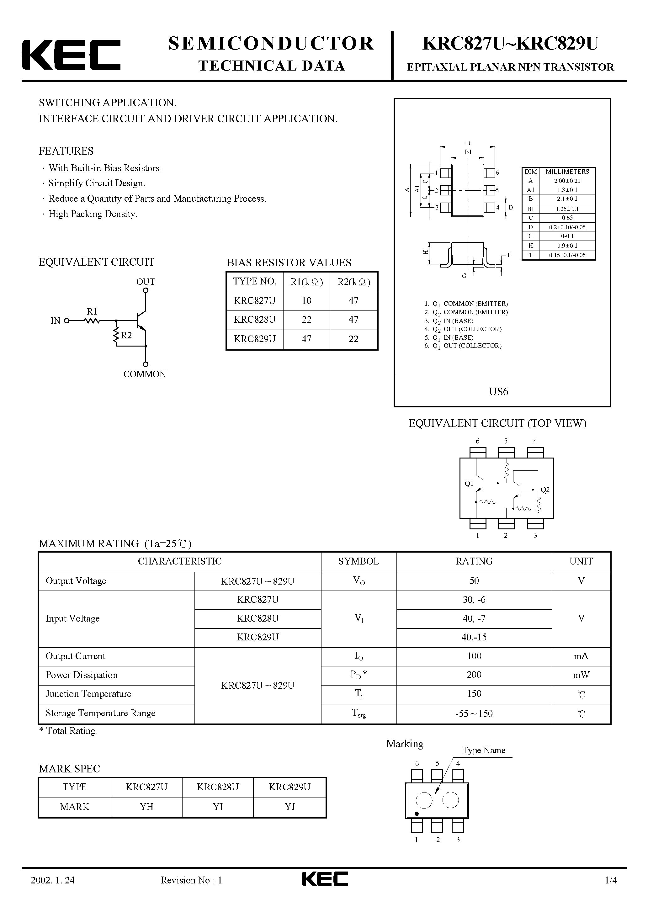 Datasheet KRC827U - (KRC827U - KRC829U) EPITAXIAL PLANAR NPN TRANSISTOR page 1