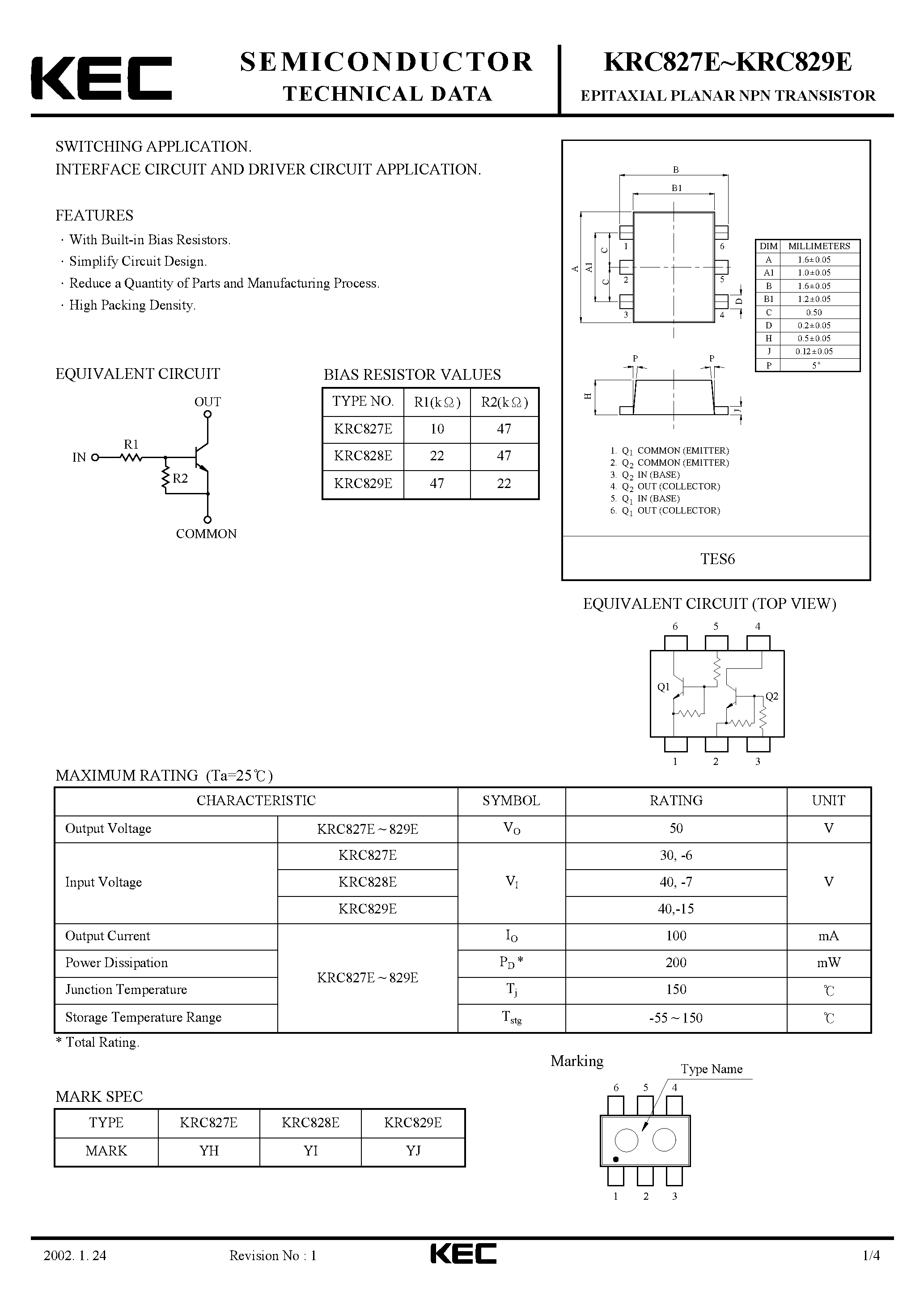 Datasheet KRC827E - (KRC827E - KRC829E) EPITAXIAL PLANAR NPN TRANSISTOR page 1