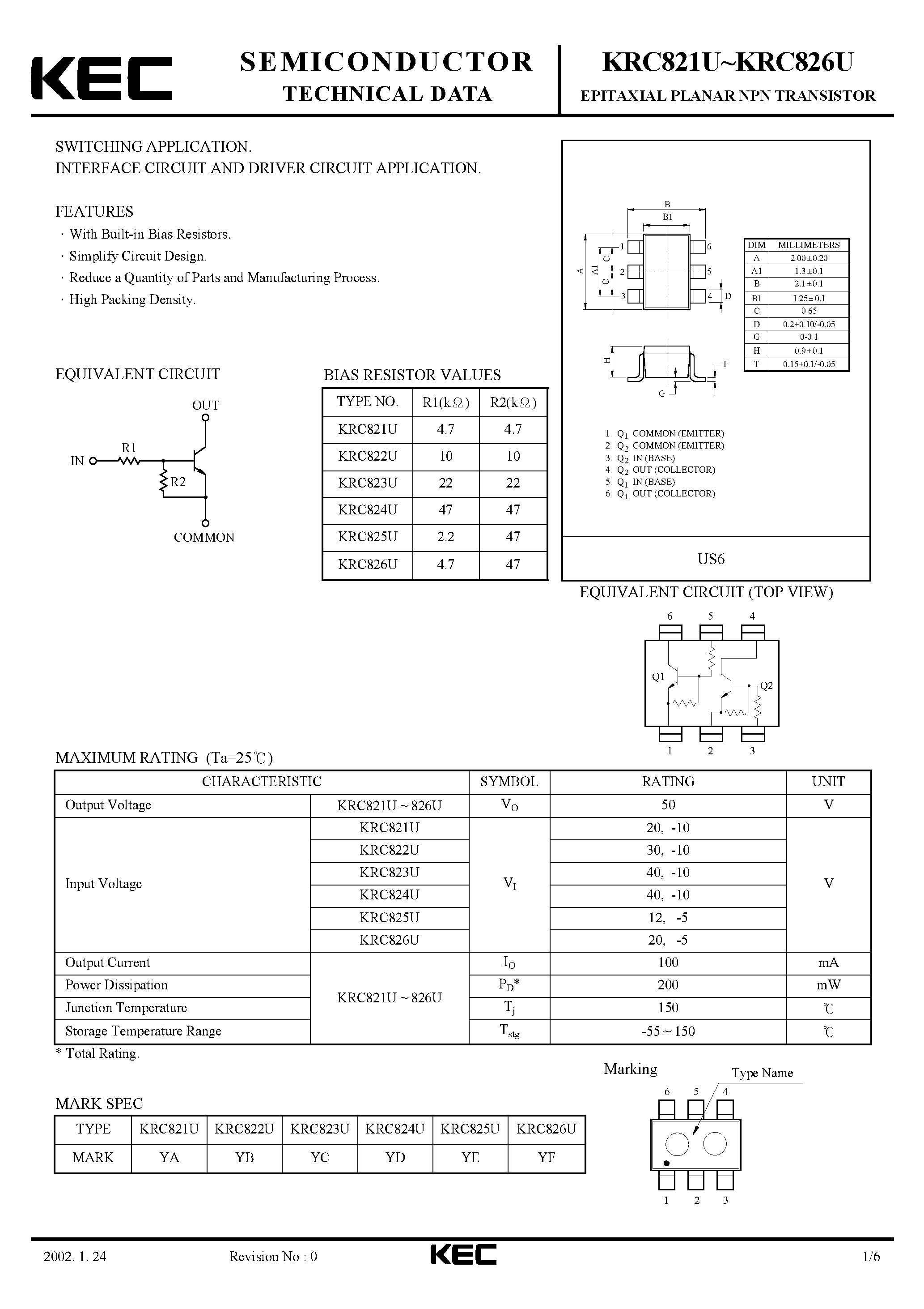 Datasheet KRC821U - (KRC821U - KRC826U) EPITAXIAL PLANAR NPN TRANSISTOR page 1