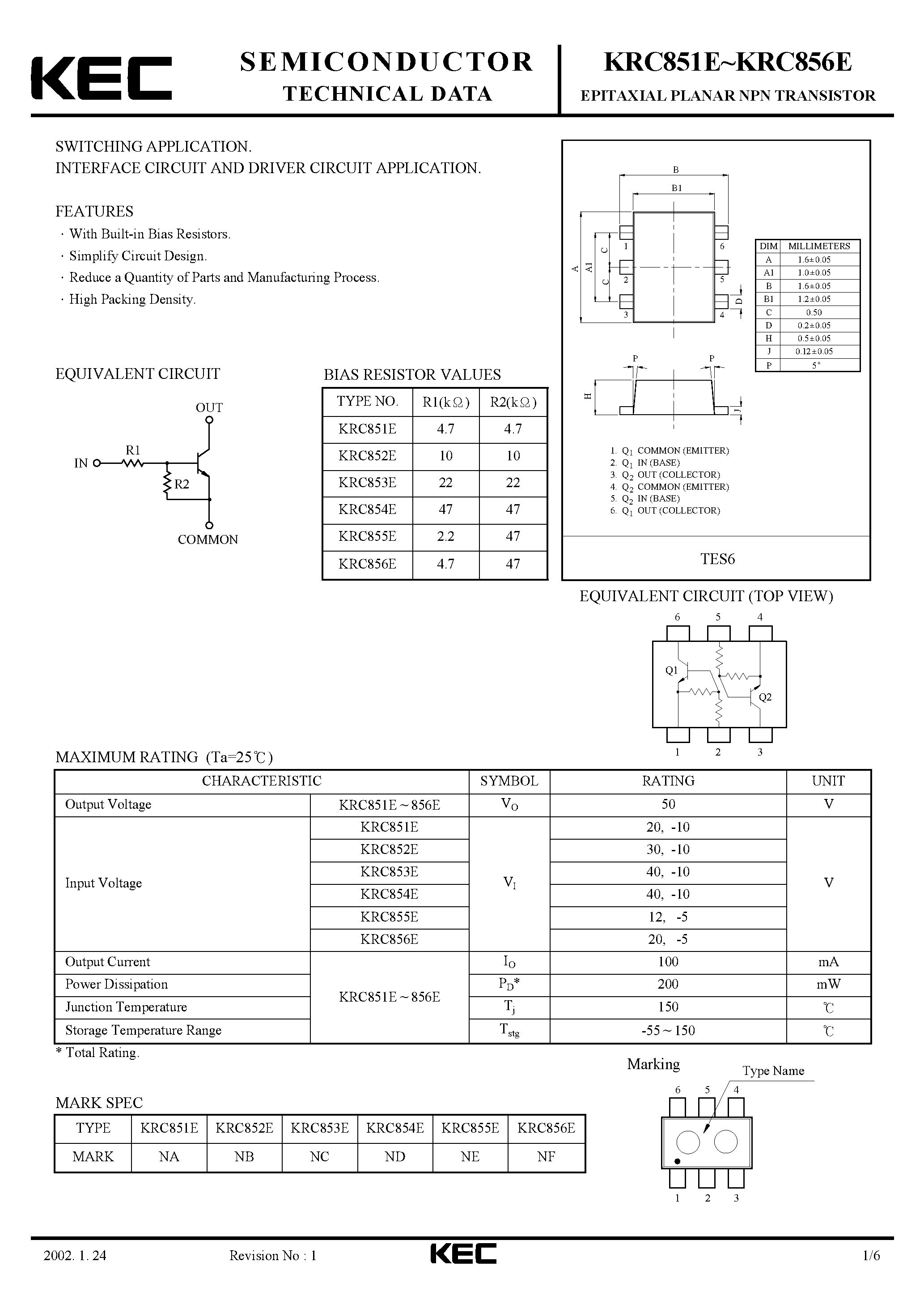 Datasheet KRC851E - (KRC851E - KRC856E) EPITAXIAL PLANAR NPN TRANSISTOR page 1