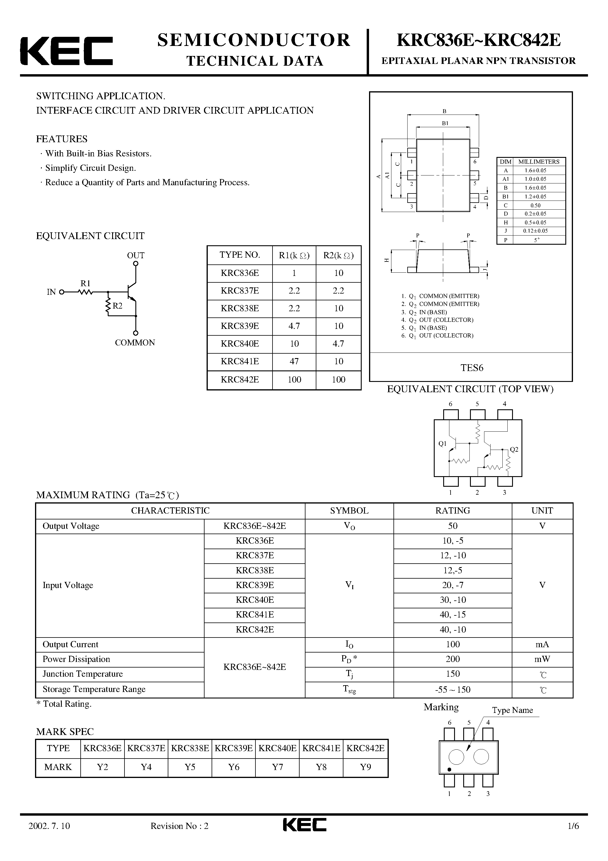 Datasheet KRC837E - (KRC836E - KRC842E) EPITAXIAL PLANAR NPN TRANSISTOR page 1