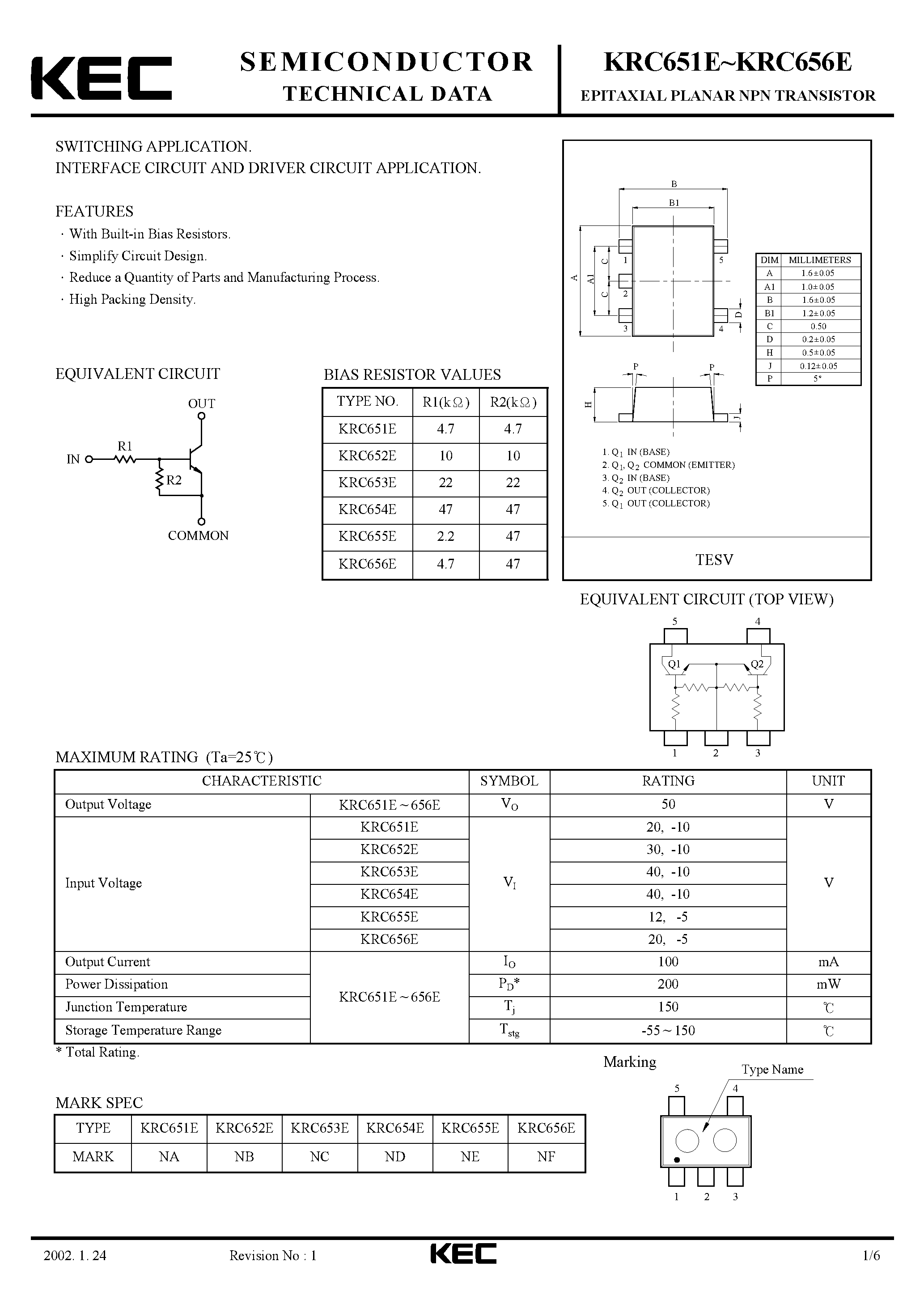 Datasheet KRC651E - (KRC651E - KRC656E) EPITAXIAL PLANAR NPN TRANSISTOR page 1