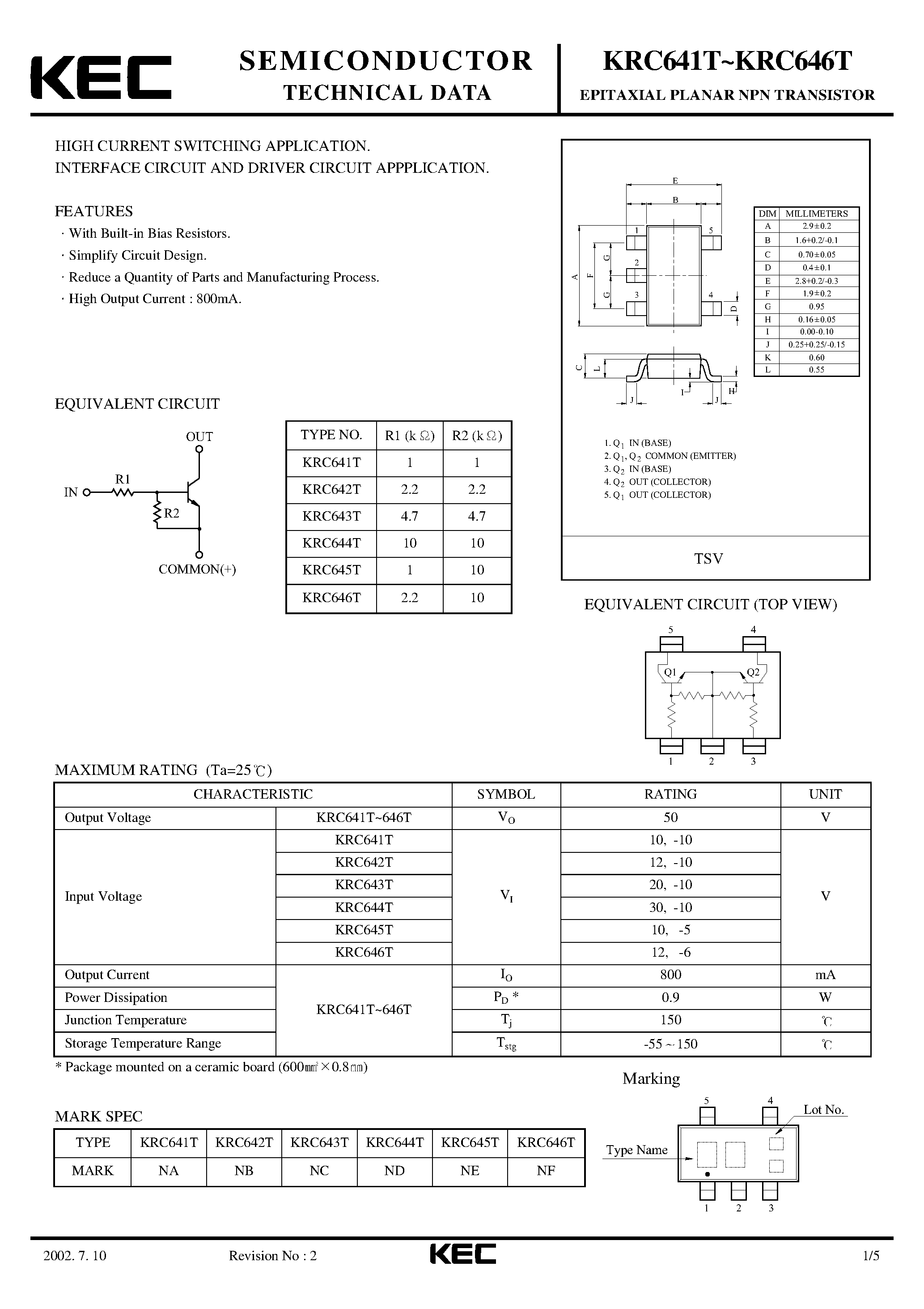 Datasheet KRC642T - (KRC641T - KRC646T) EPITAXIAL PLANAR NPN TRANSISTOR page 1