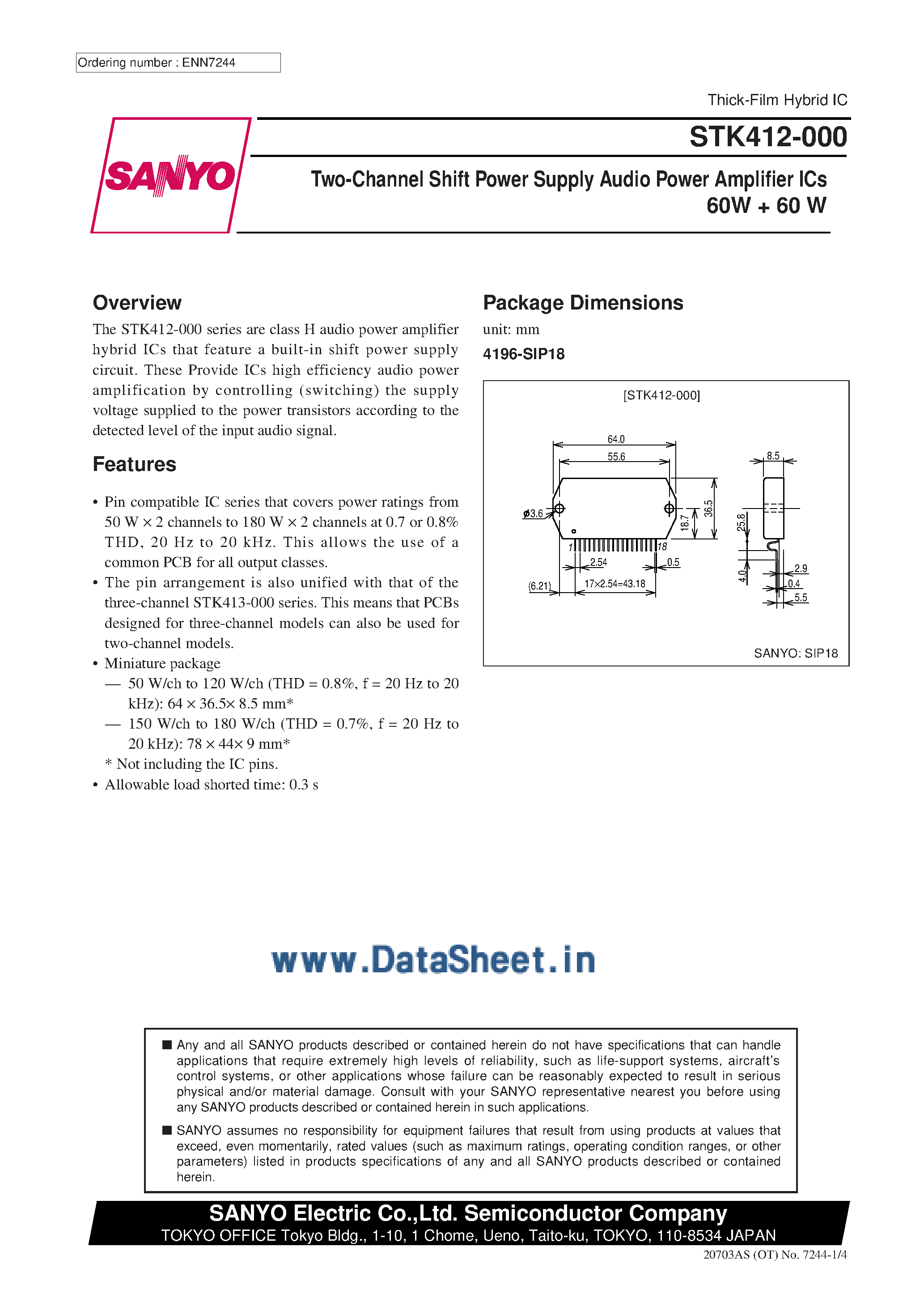 Datasheet STK412-000 - AF Power Amplifier page 1