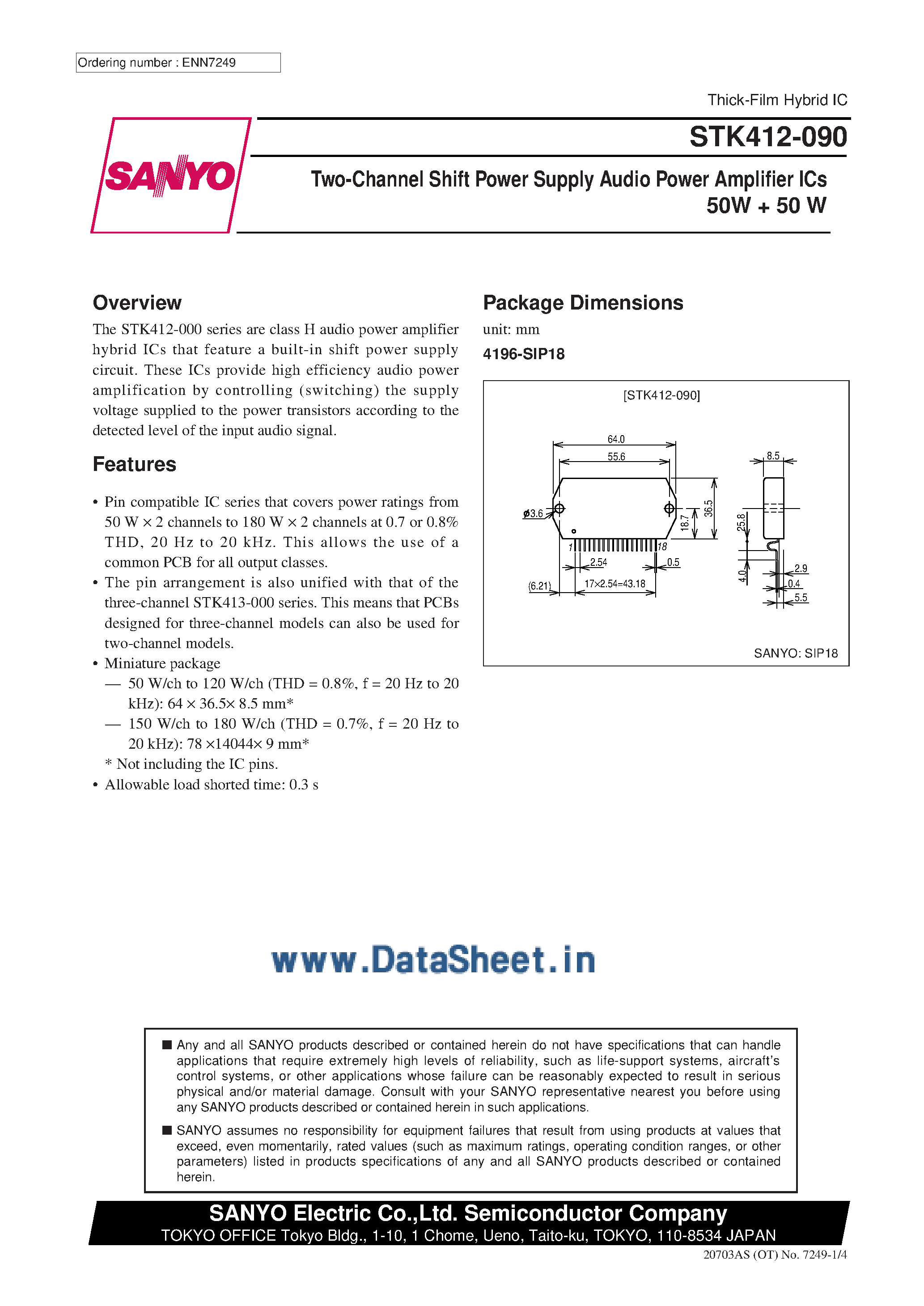 Datasheet STK412-090 - AF Power Amplifier page 1