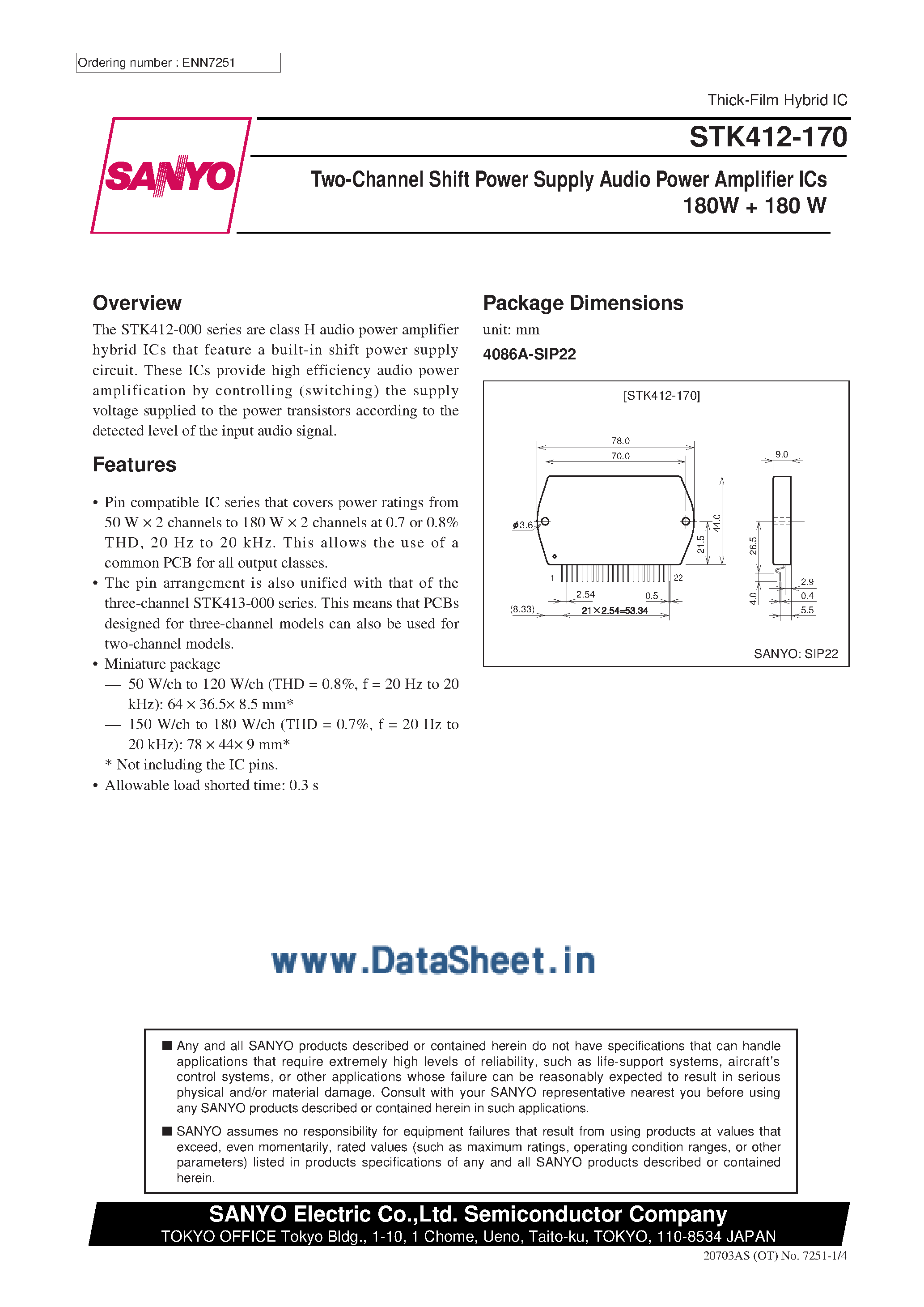 Datasheet STK412-170 - AF Power Amplifier page 1