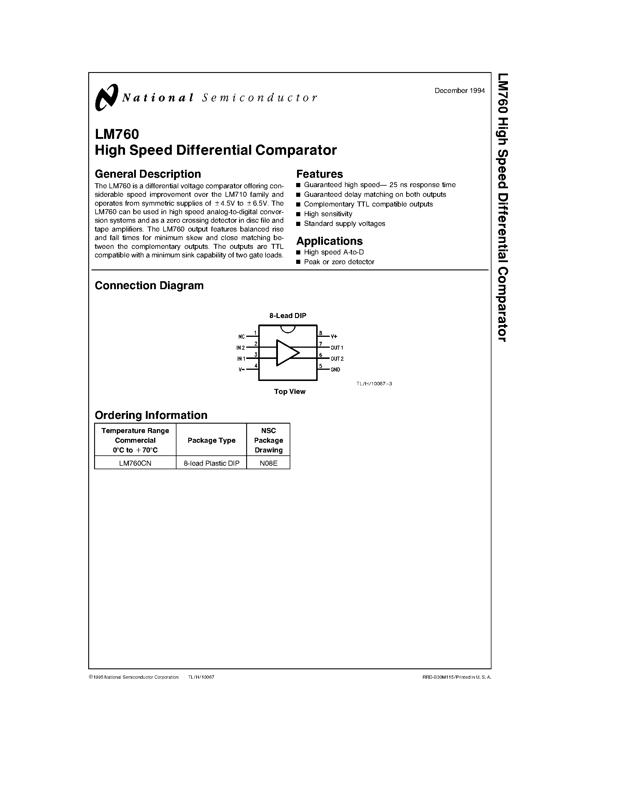 Даташит LM760 - High Speed Differential Comparator страница 1