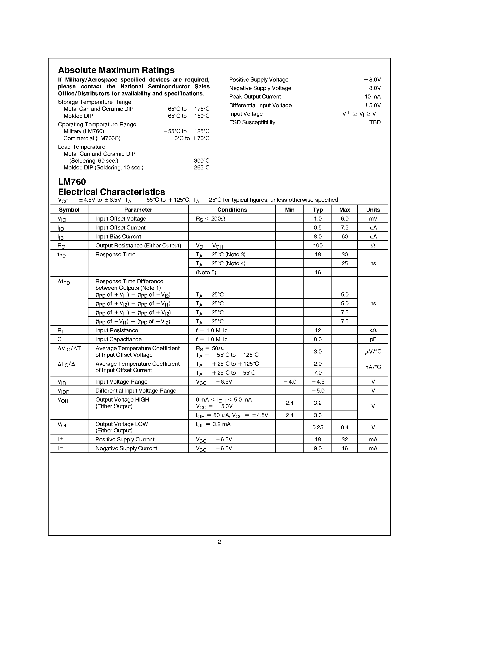 Даташит LM760 - High Speed Differential Comparator страница 2