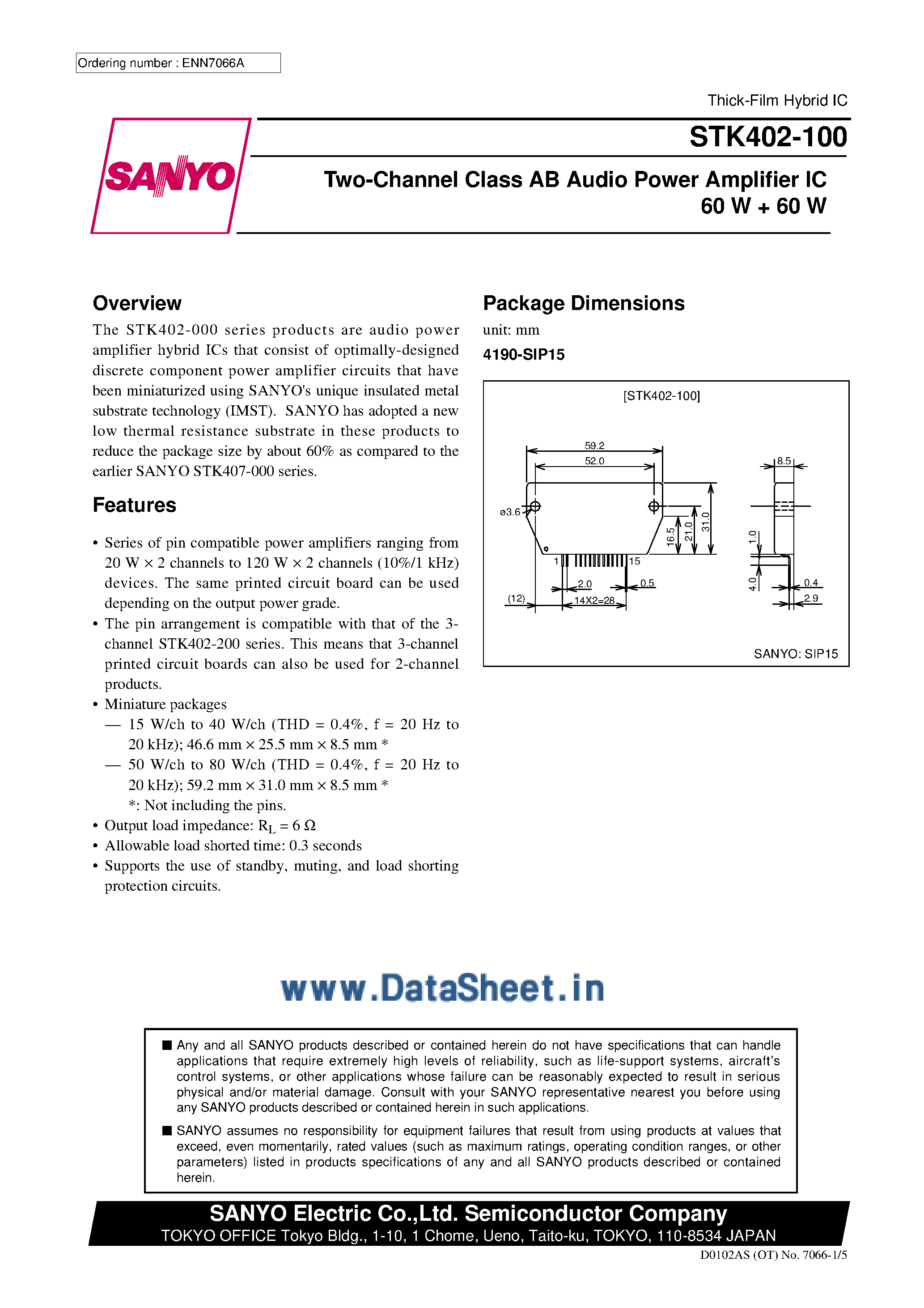 Даташит STK402-100 - 2-Channel Class AB Audio Power Amplifier IC страница 1