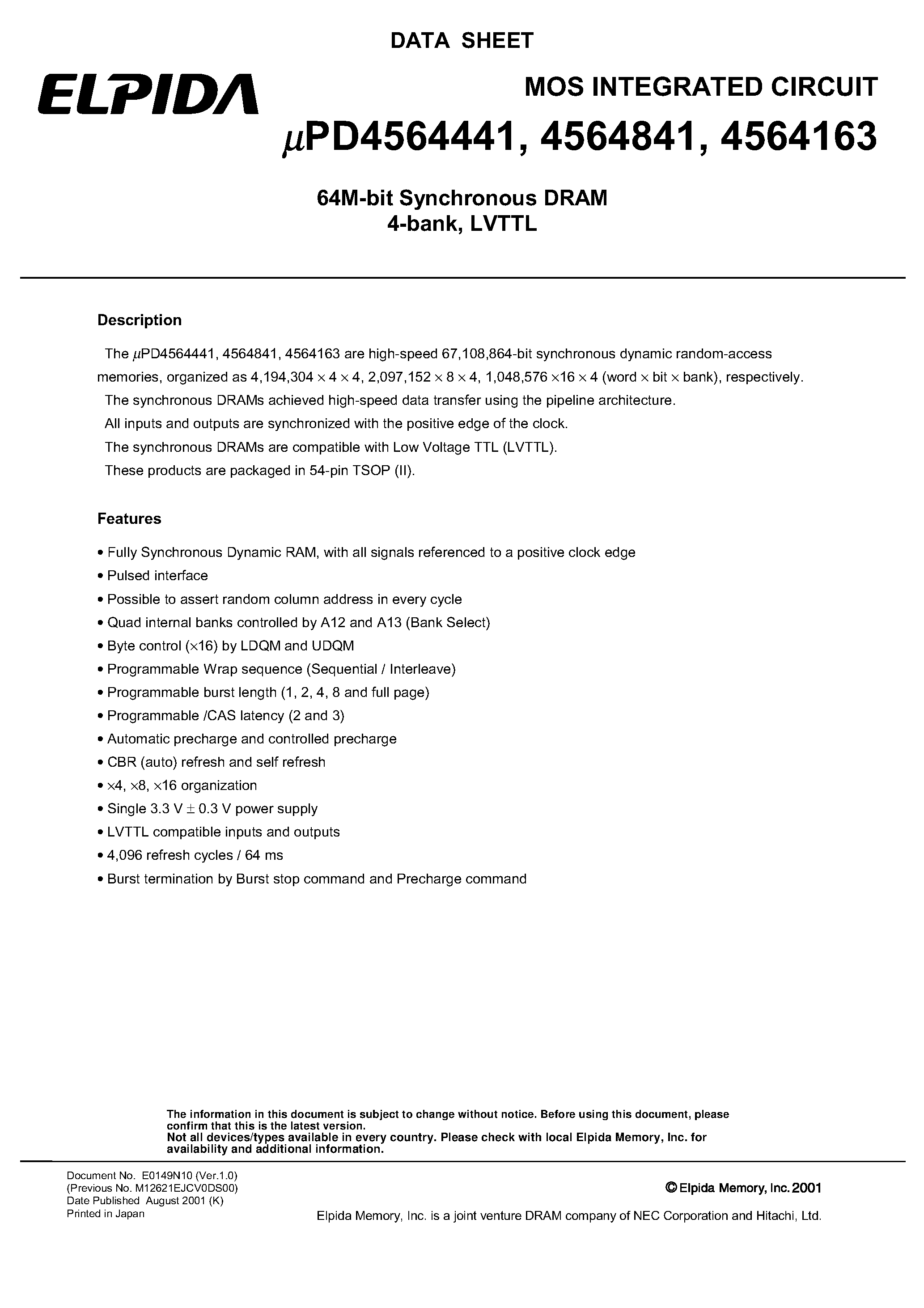 Datasheet UPD4564163 - (UPD4564841/441/163) 64M-bit SDRAM / 4-Bank page 1