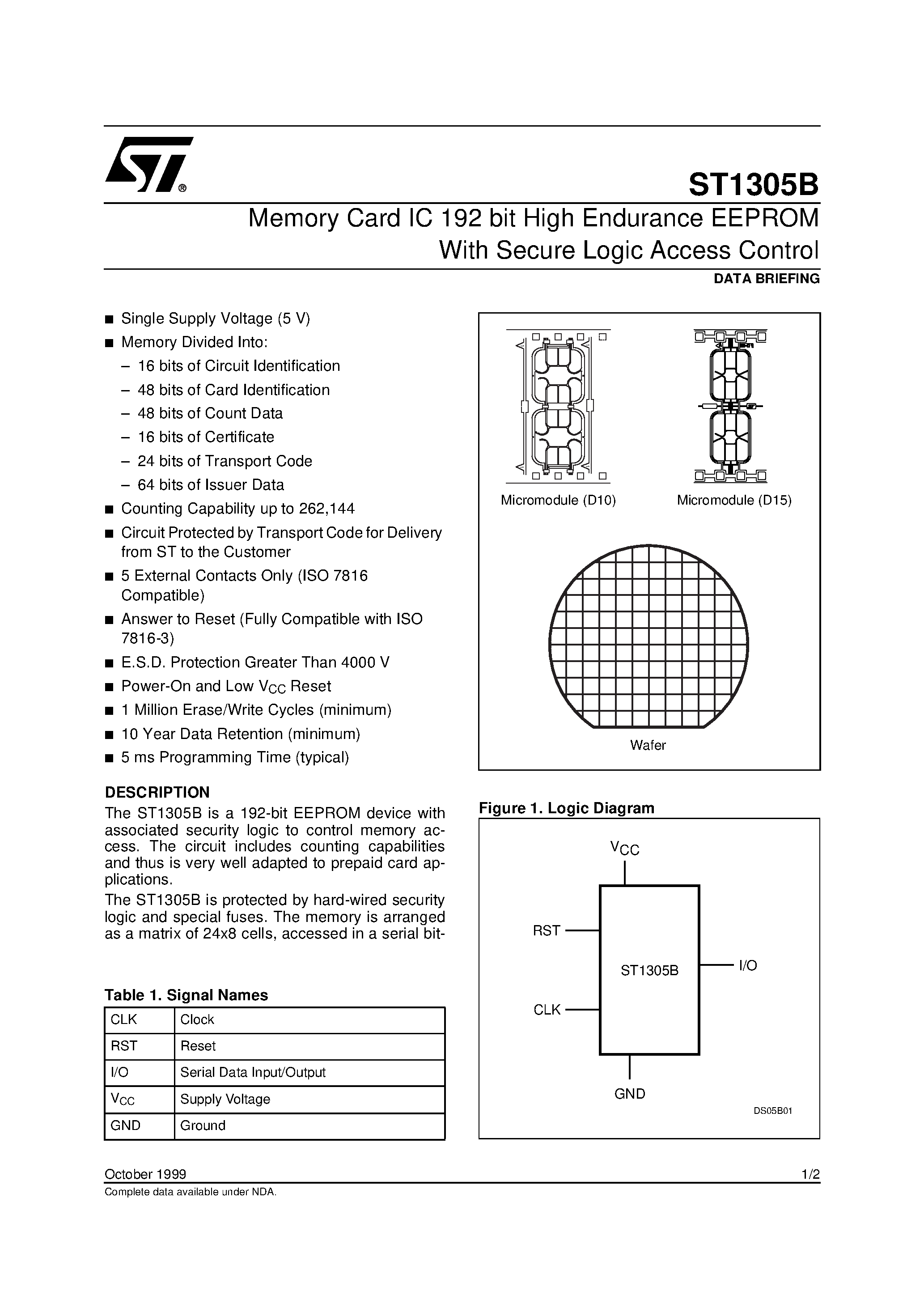 Datasheet ST1305B - Memory Card IC 192 bit High Endurance EEPROM With Secure Logic Access Control page 1