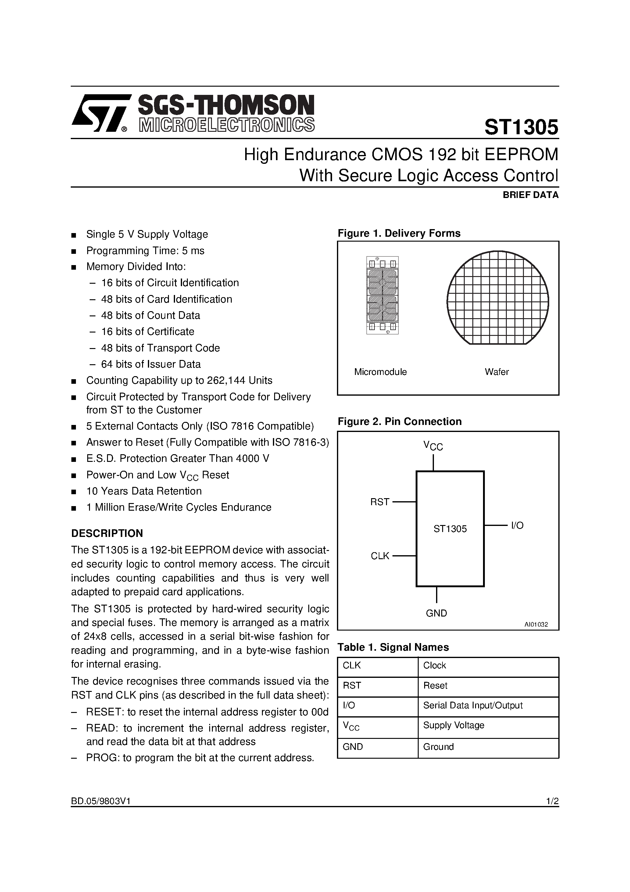 Datasheet ST1305 - High Endurance CMOS 192 bit EEPROM With Secure Logic Access Control page 1