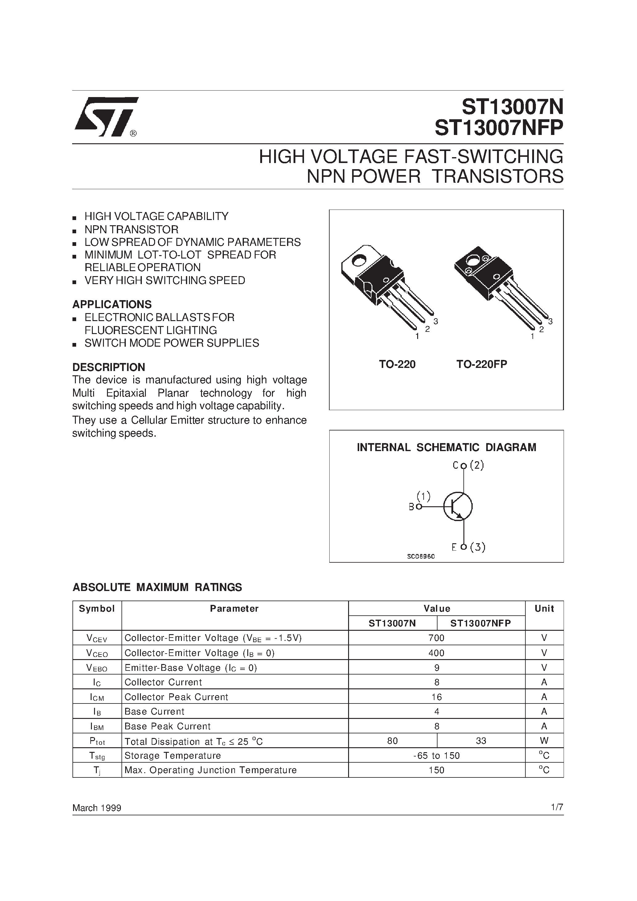 Datasheet ST13007N - HIGH VOLTAGE FAST-SWITCHING NPN POWER TRANSISTORS page 1