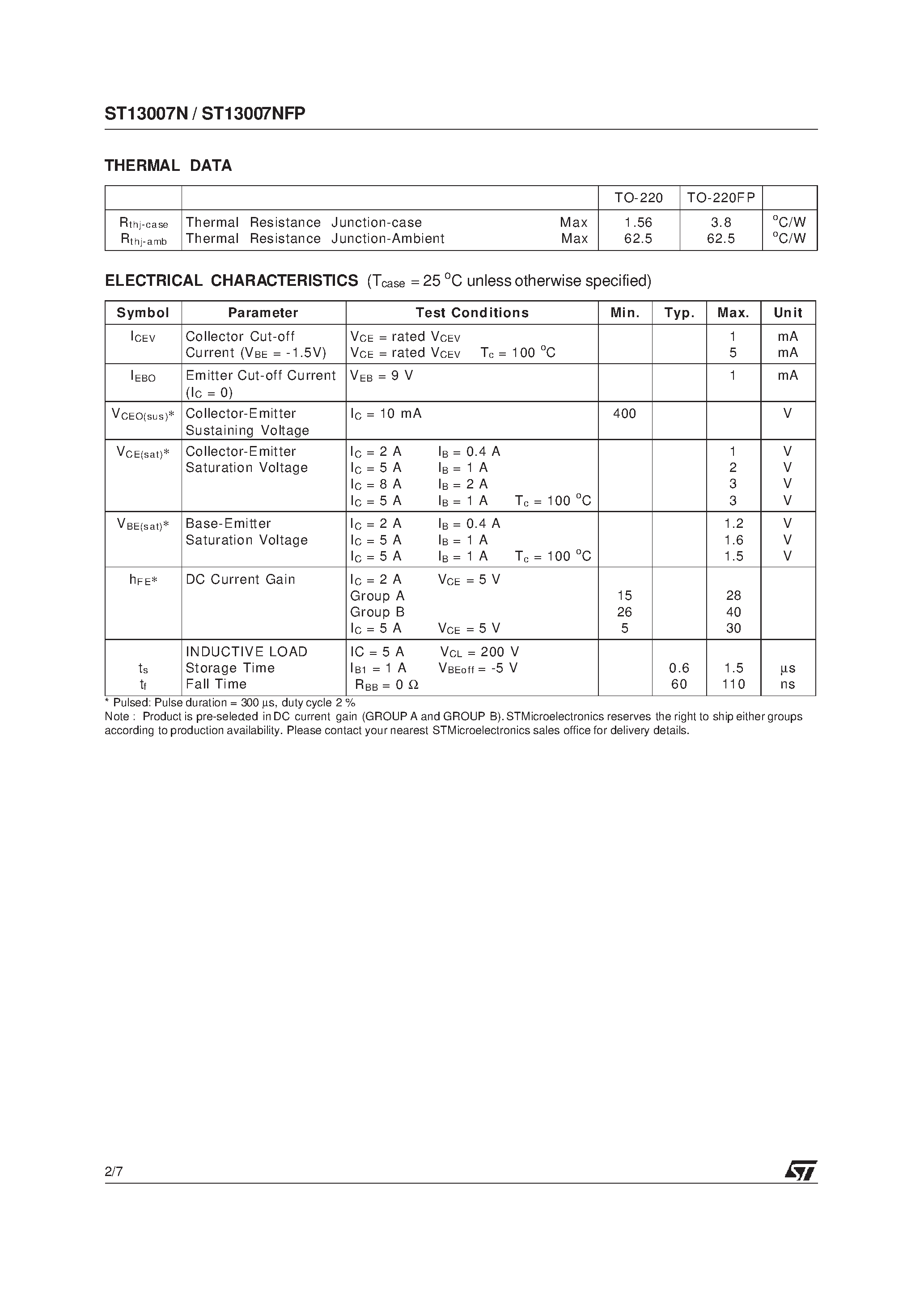 Datasheet ST13007N - HIGH VOLTAGE FAST-SWITCHING NPN POWER TRANSISTORS page 2