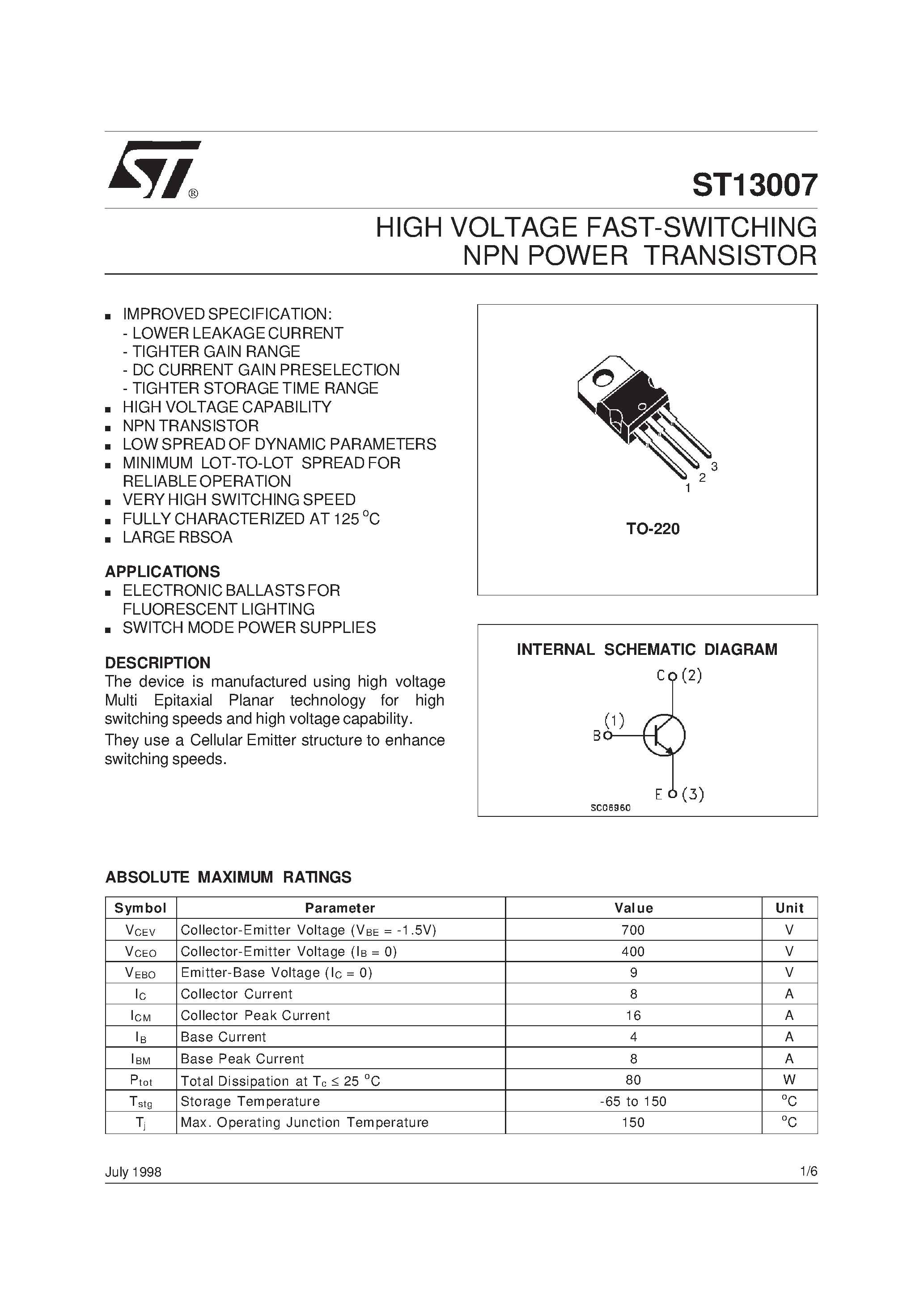 Datasheet ST13007 - HIGH VOLTAGE FAST-SWITCHING NPN POWER TRANSISTOR page 1