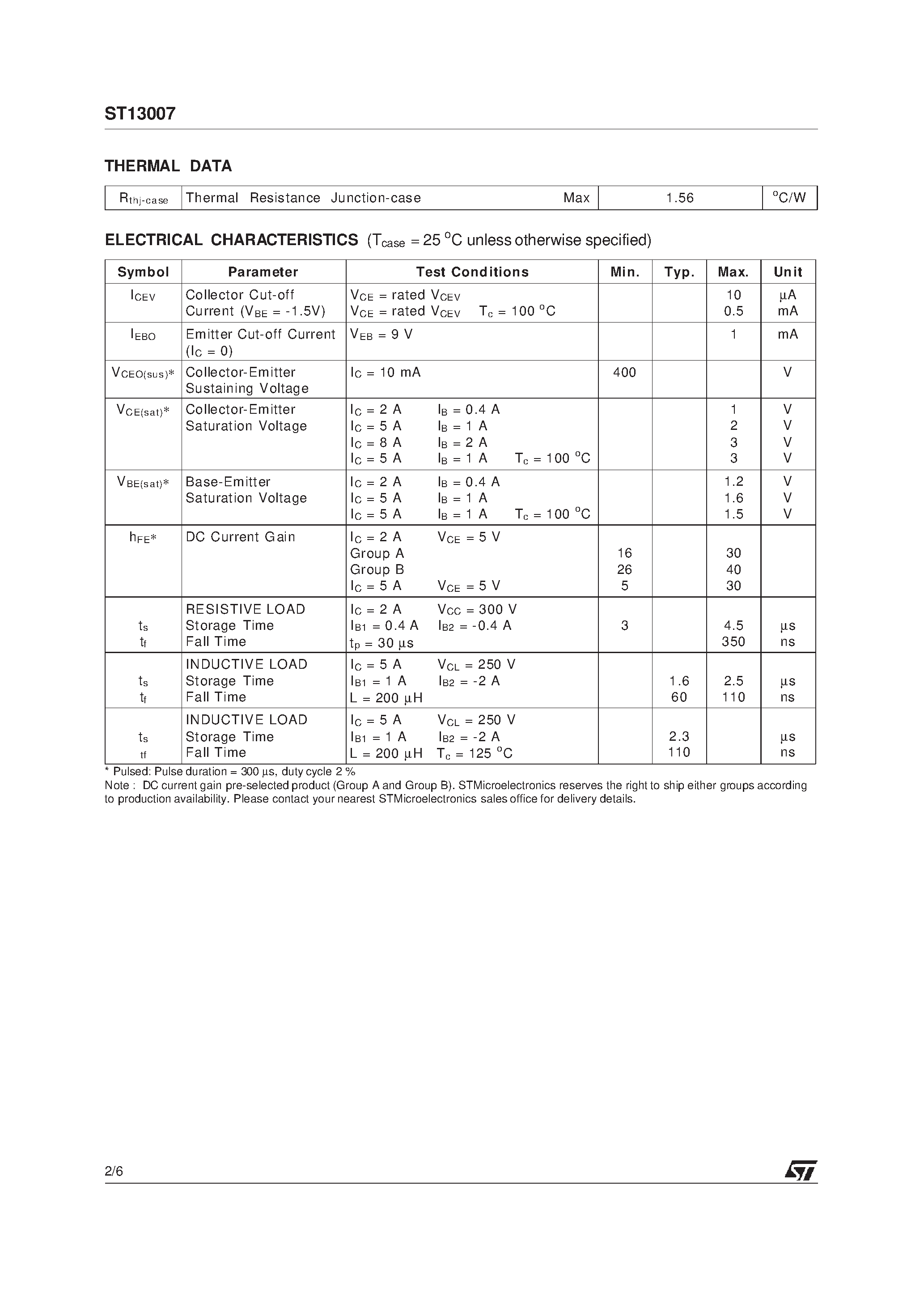 Datasheet ST13007 - HIGH VOLTAGE FAST-SWITCHING NPN POWER TRANSISTOR page 2