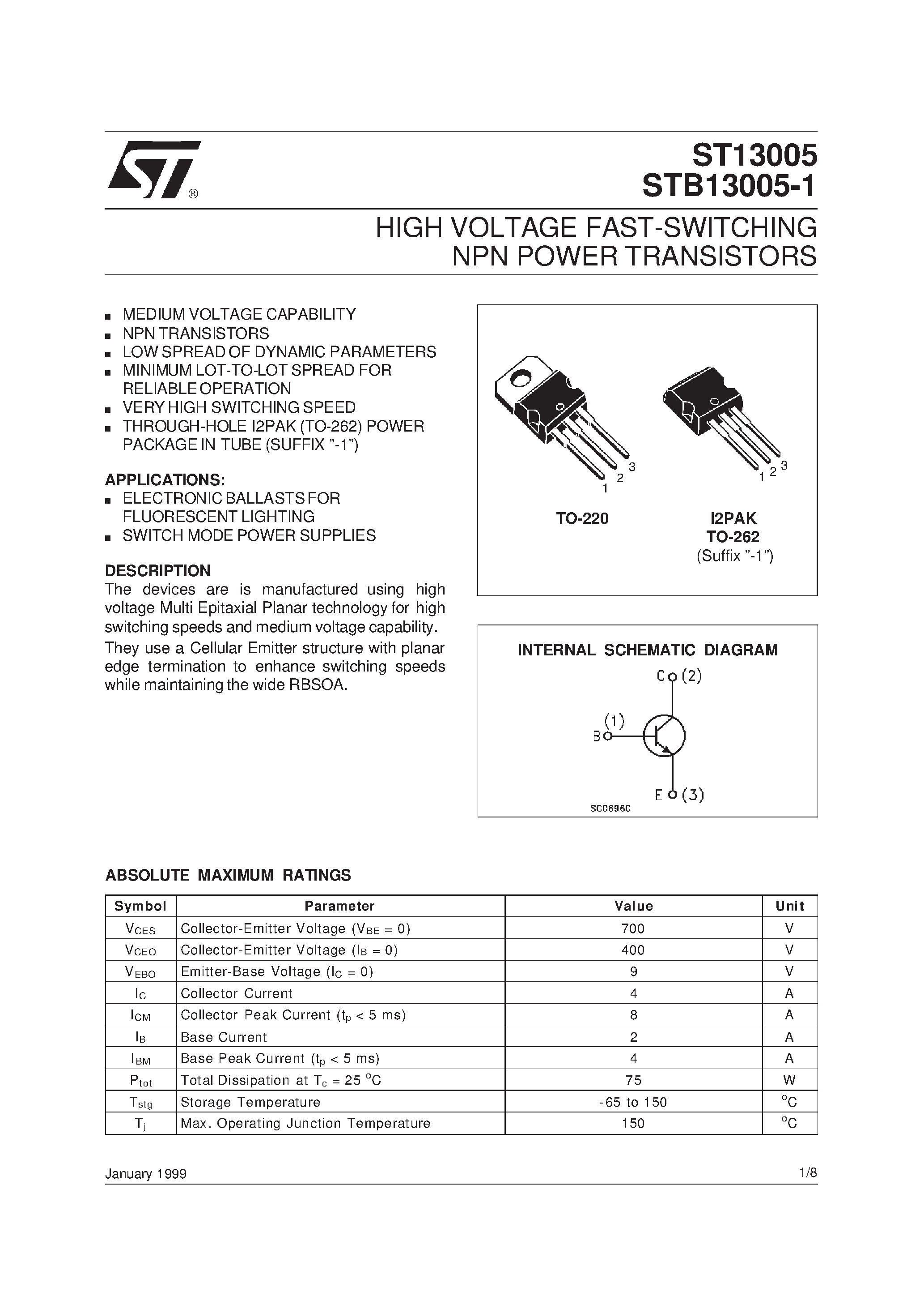 Datasheet ST13005 - HIGH VOLTAGE FAST-SWITCHING NPN POWER TRANSISTORS page 1