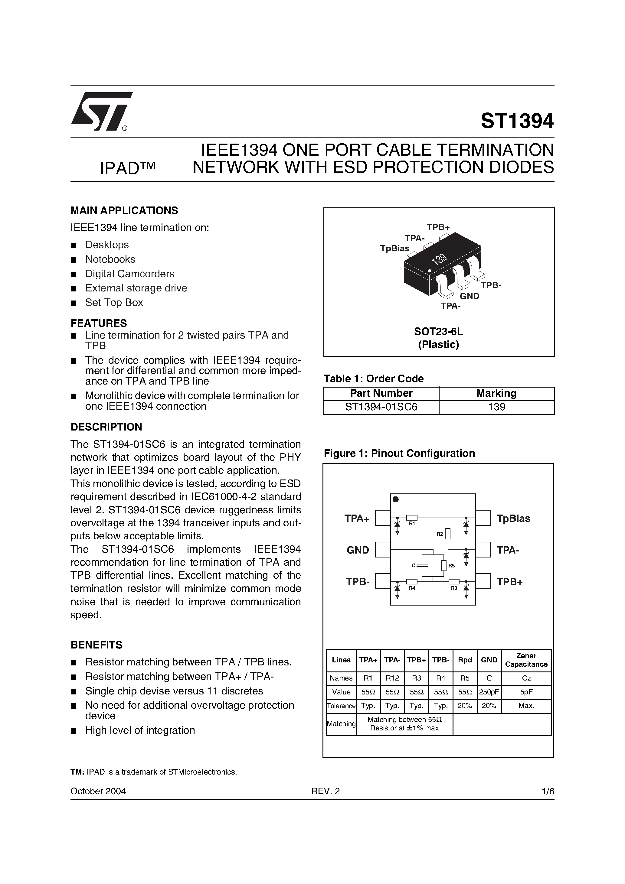 Datasheet ST1394 - IEEE1394 ONE PORT CABLE TERMINATION NETWORK WITH ESD PROTECTION DIODES page 1