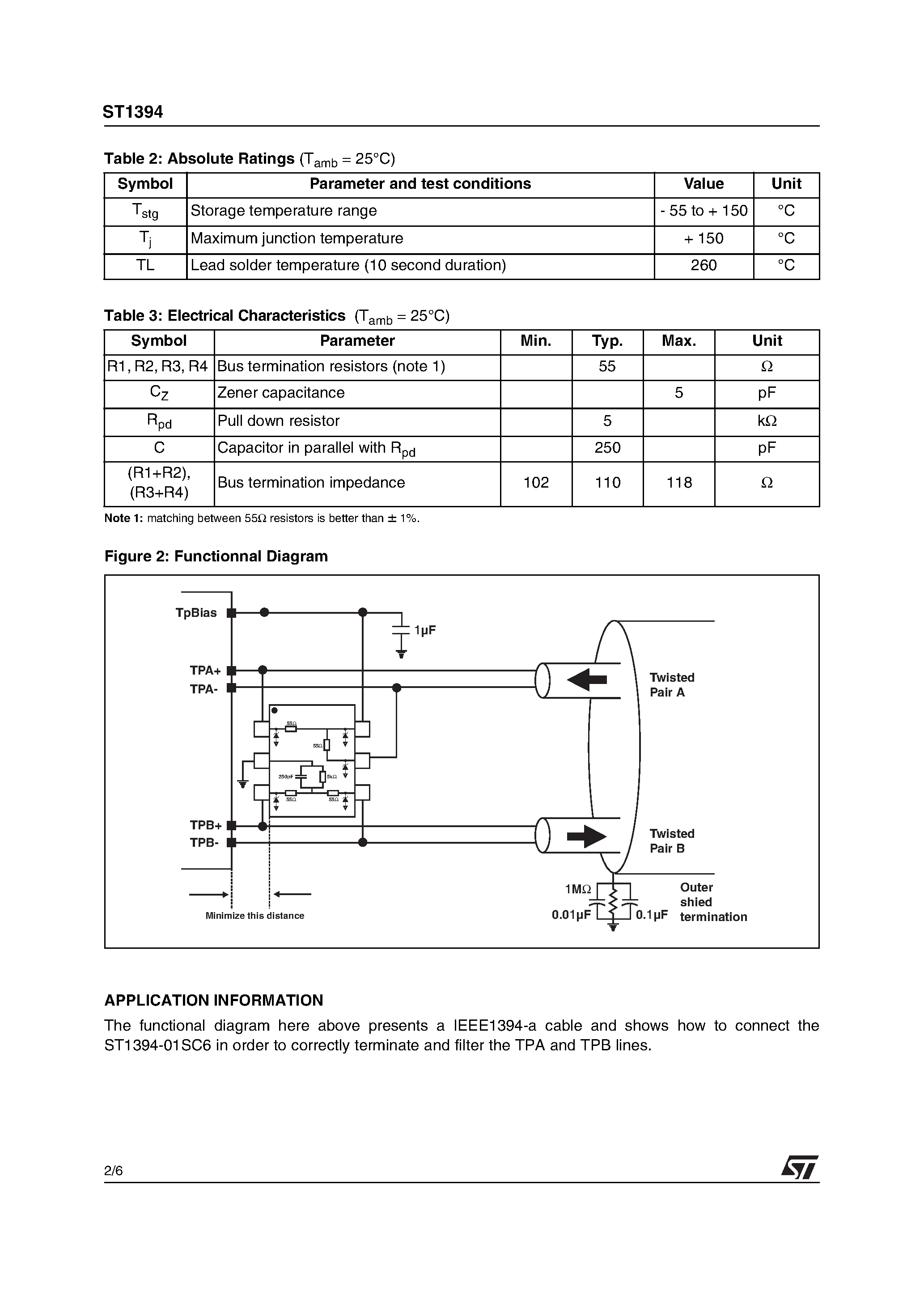 Datasheet ST1394 - IEEE1394 ONE PORT CABLE TERMINATION NETWORK WITH ESD PROTECTION DIODES page 2