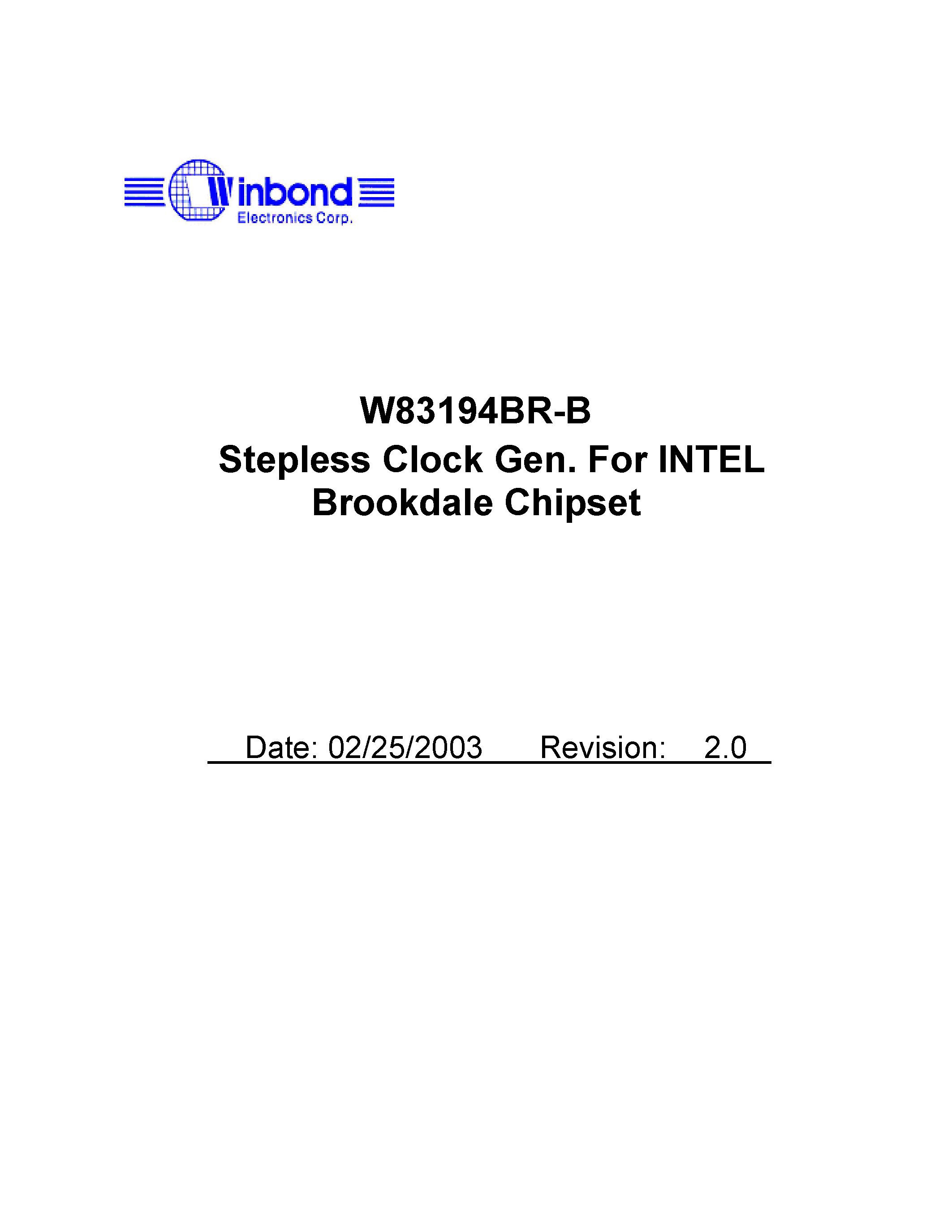 Datasheet W83194BR-B - Stepless Clock Gen For INTEL Brookdale Chipset page 1