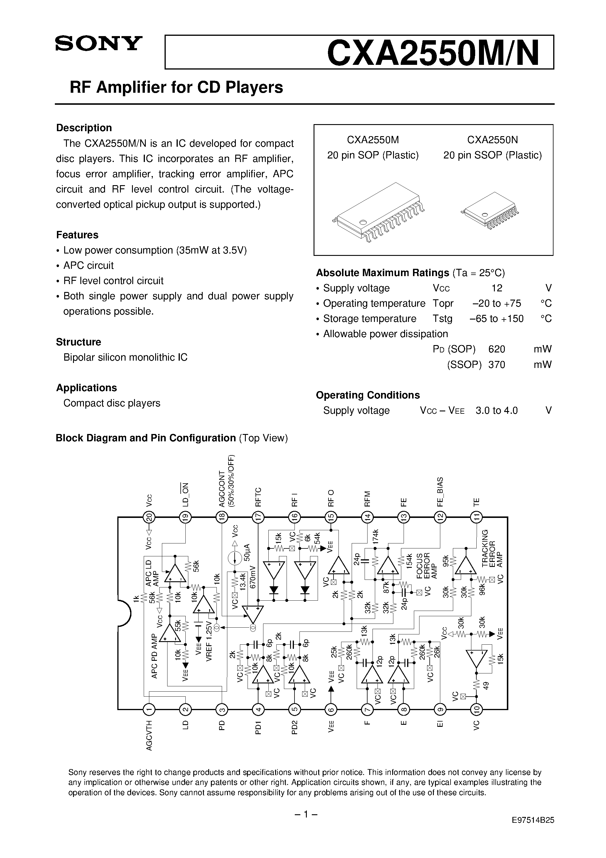 Datasheet CXA2550M - RF Amplifier For CD Players page 1