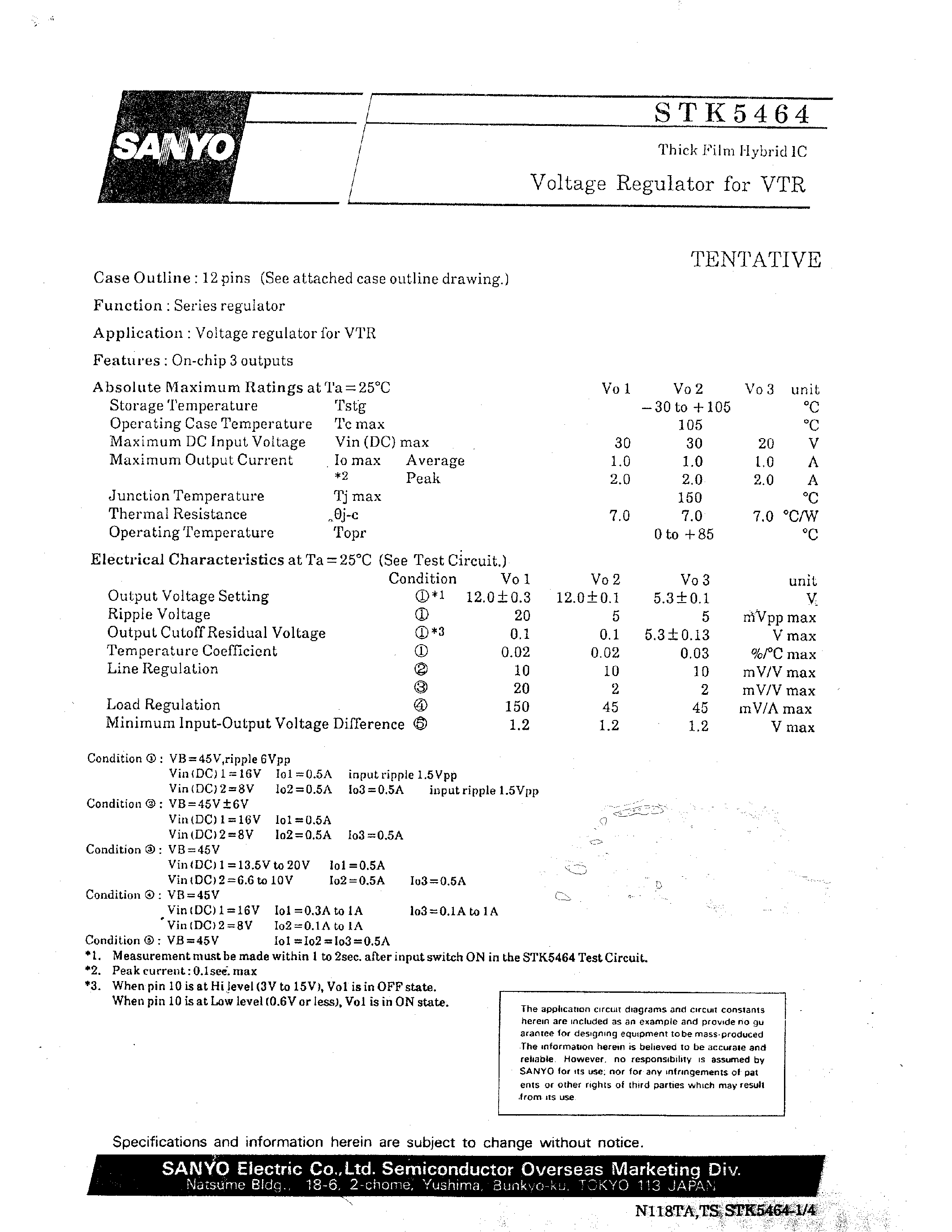 Datasheet STK5464 - Voltage Regulator for VTR page 1