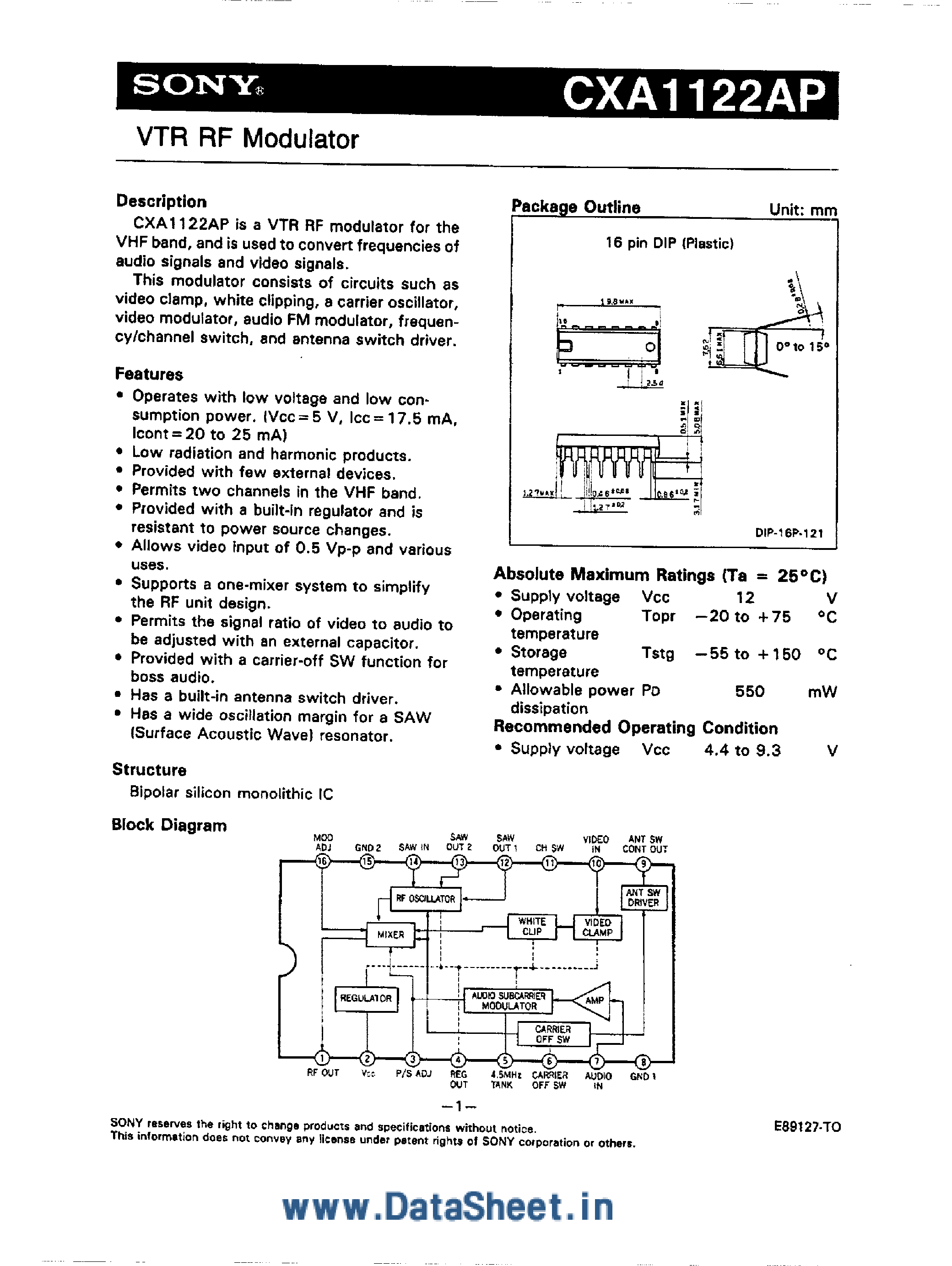 Даташит CXA1122AP - VTR RF Modulator страница 1