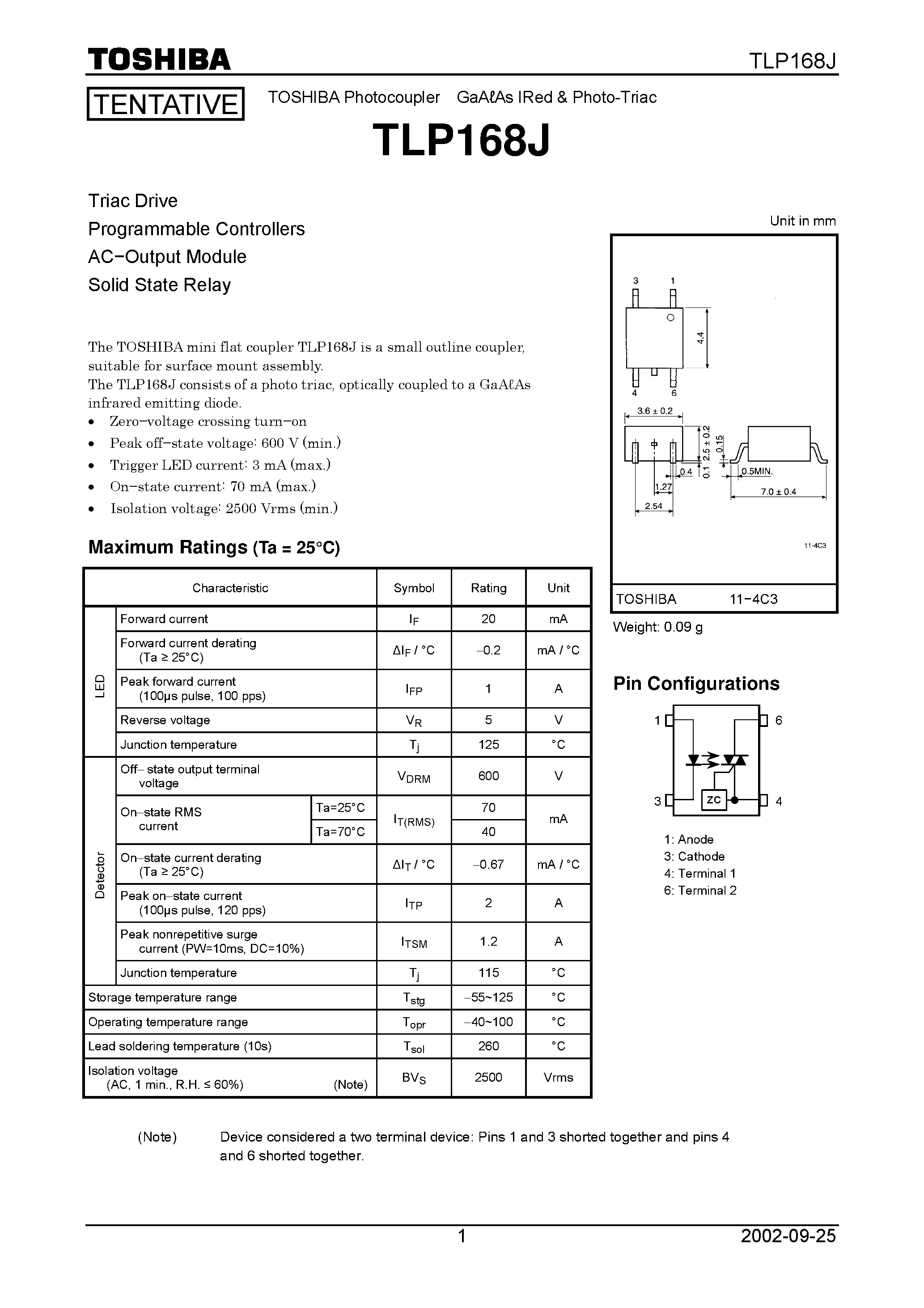 Даташит TLP168J - TOSHIBA Photocoupler GaALAs IRed & Photo Triac страница 1