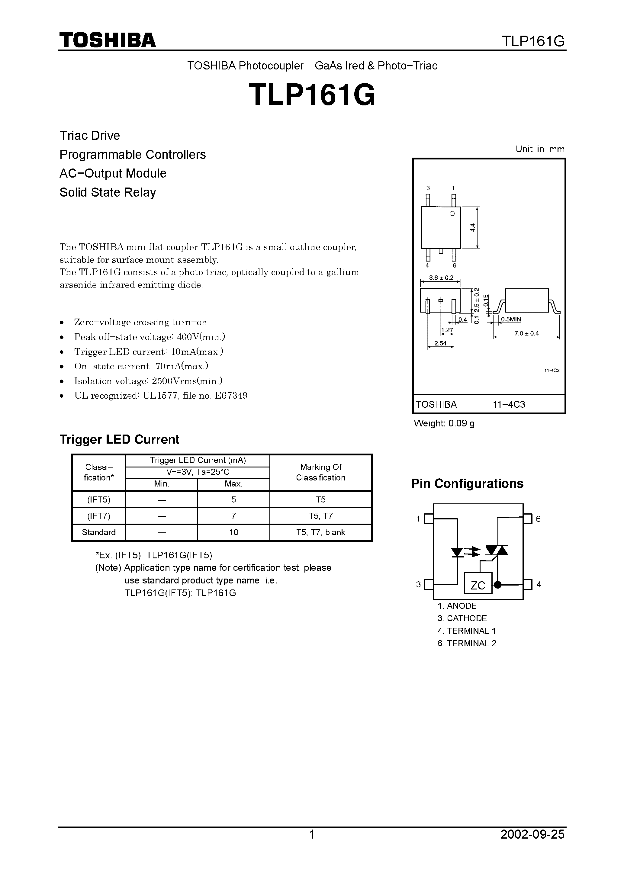 Даташит TLP161G - TOSHIBA Photocoupler GaAs Ired & Photo Triac страница 1