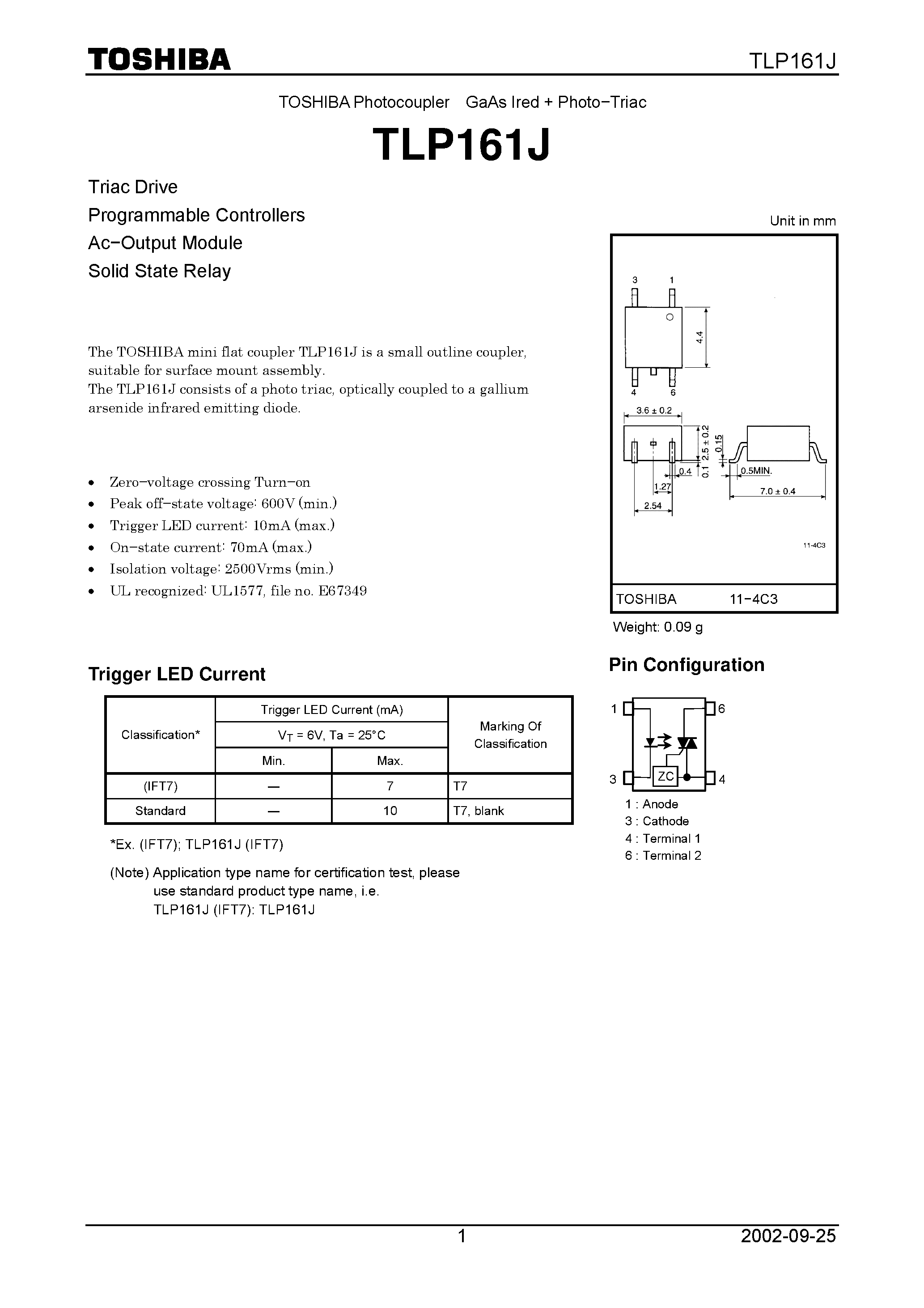 Даташит TLP161J - TOSHIBA Photocoupler GaAs Ired & Photo Triac страница 1