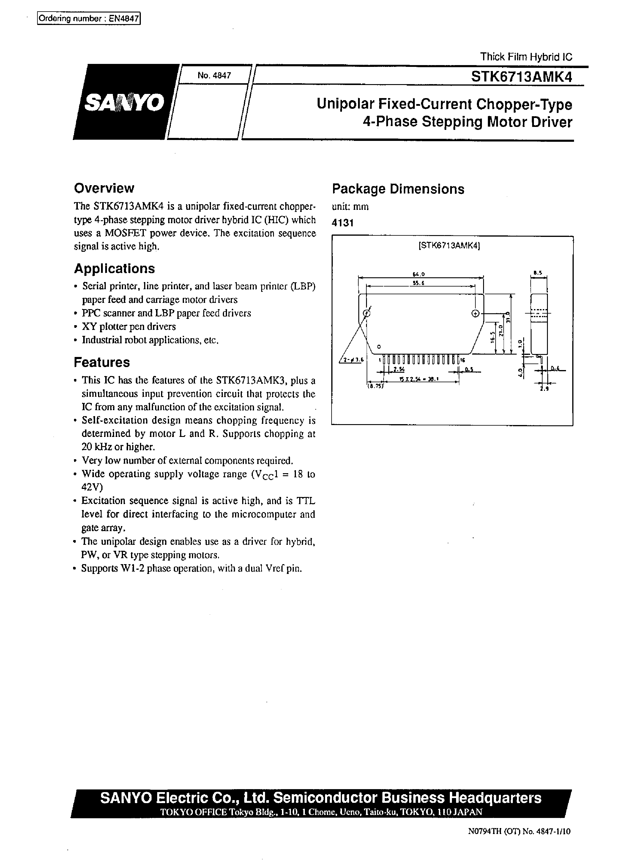 Даташит STK6713AMK4 - (STK6711AMK4 - STK6714BMK4) 4-Phase Stepping Motor Driver Unipolar Self-Excitation Type(Io = 1.5A) страница 1