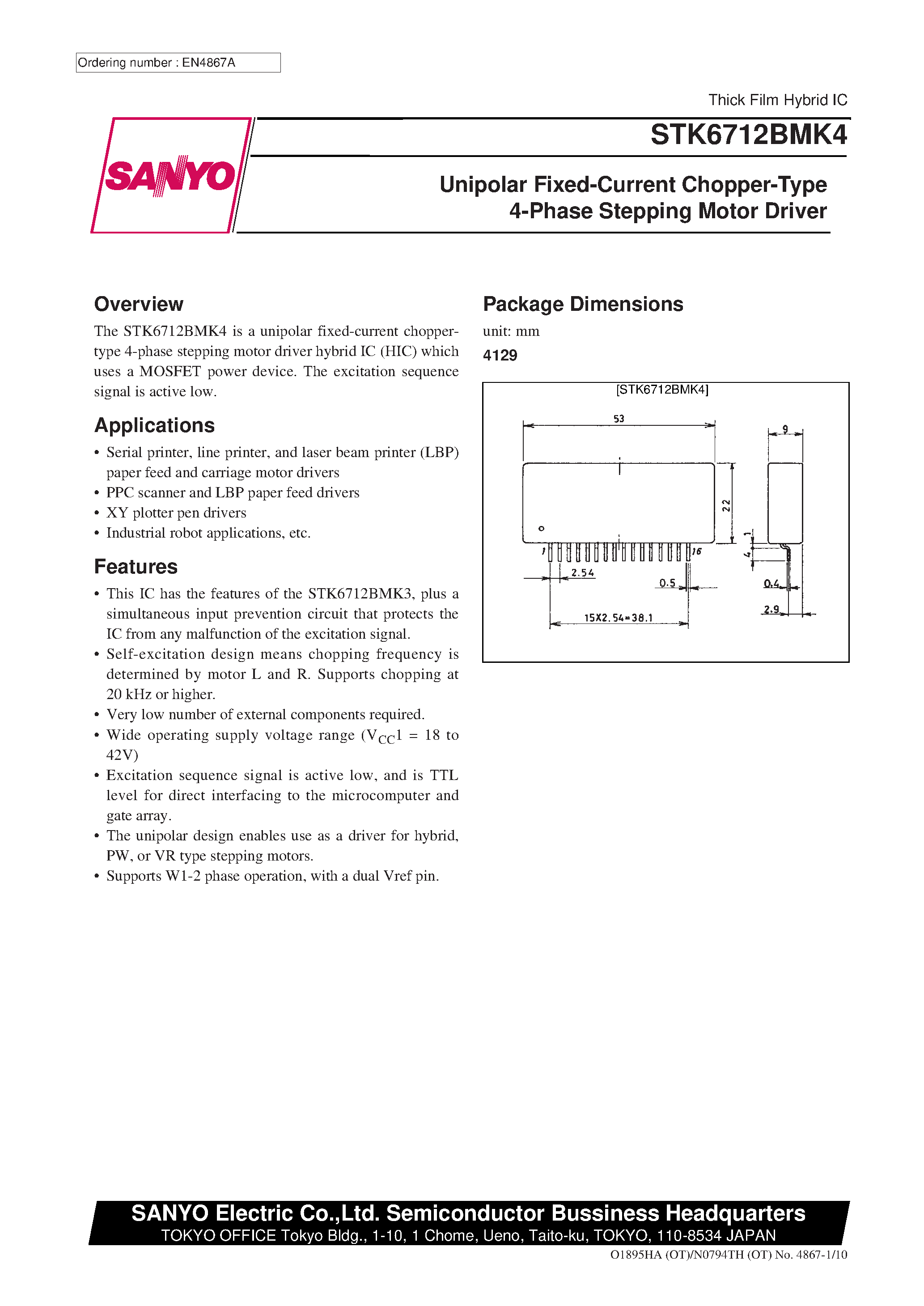 Даташит STK6712BMK4 - (STK6711AMK4 - STK6714BMK4) 4-Phase Stepping Motor Driver Unipolar Self-Excitation Type(Io = 1.5A) страница 1