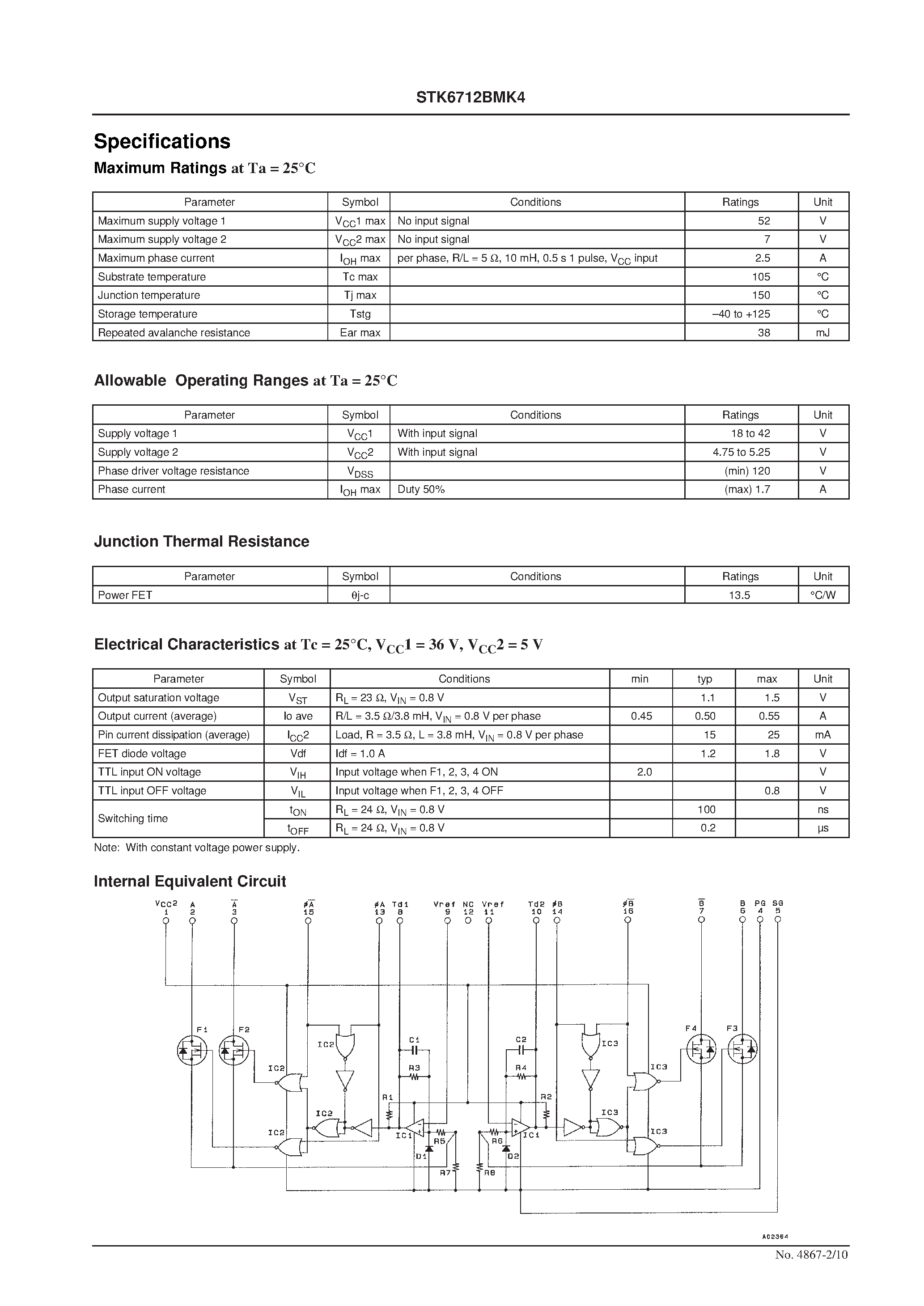 Даташит STK6712BMK4 - (STK6711AMK4 - STK6714BMK4) 4-Phase Stepping Motor Driver Unipolar Self-Excitation Type(Io = 1.5A) страница 2