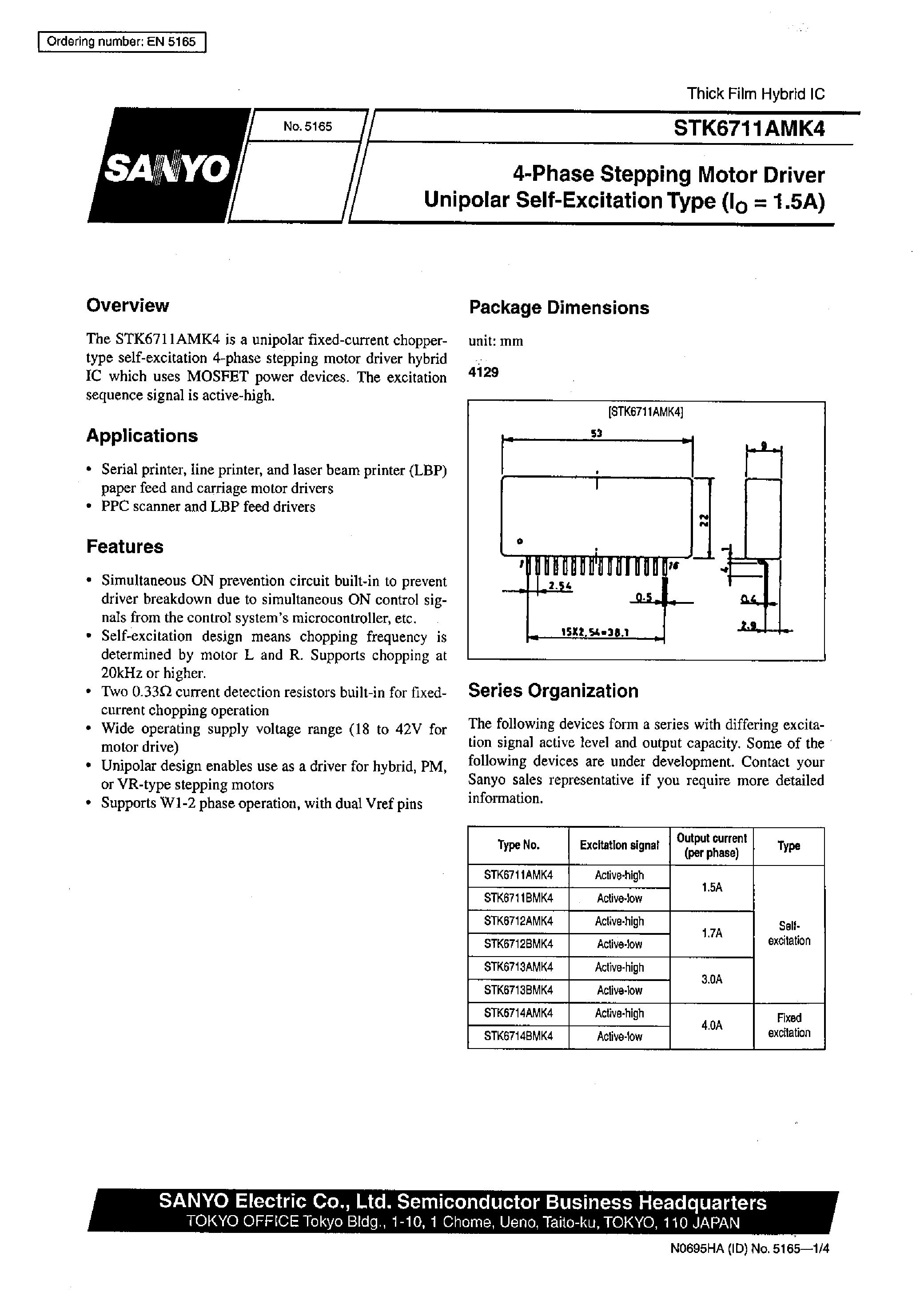 Даташит STK6711AMK4 - (STK6711AMK4 - STK6714BMK4) 4-Phase Stepping Motor Driver Unipolar Self-Excitation Type(Io = 1.5A) страница 1