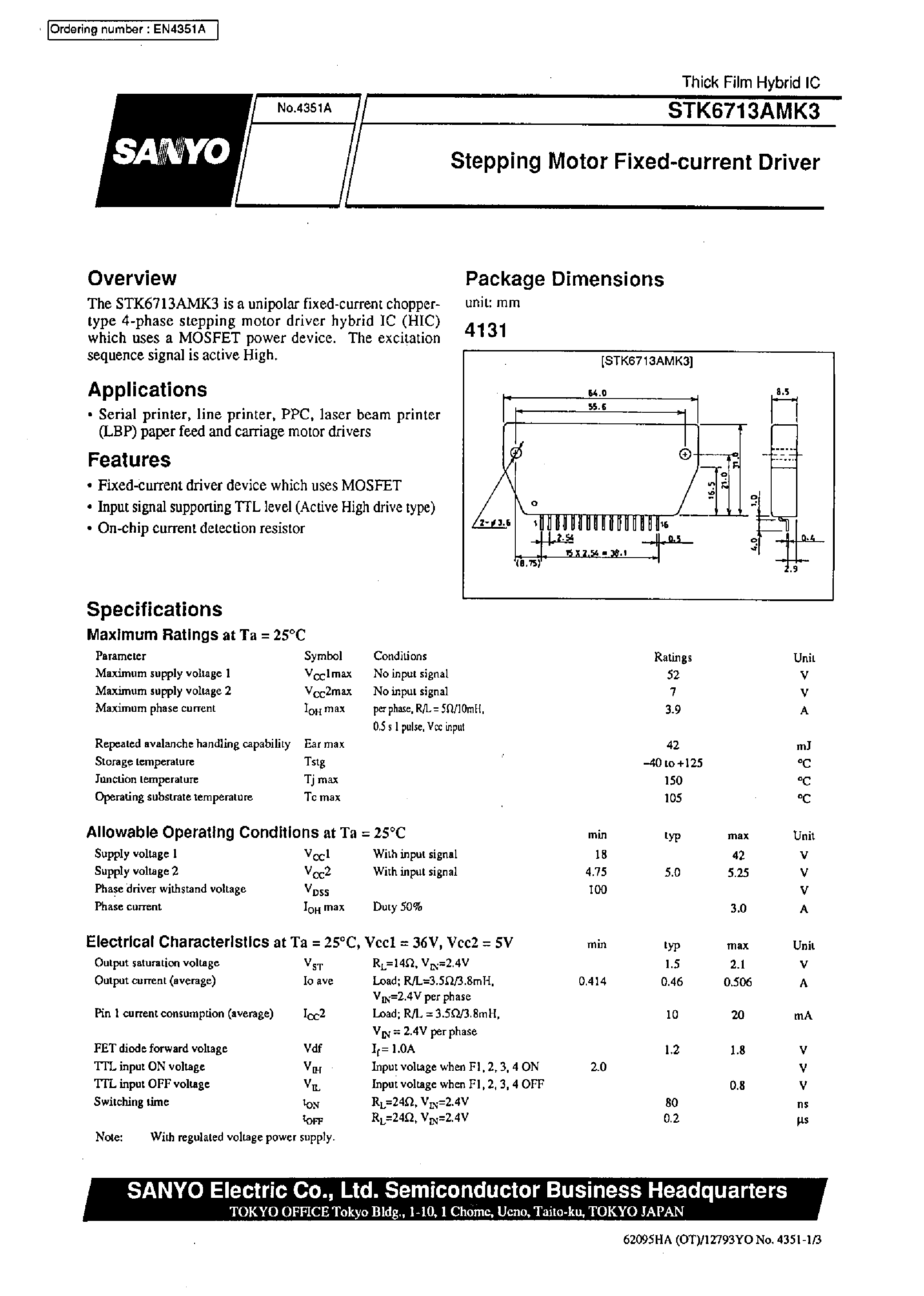 Datasheet STK6713AMK3 - Stepping Motor Fixed-current Driver page 1